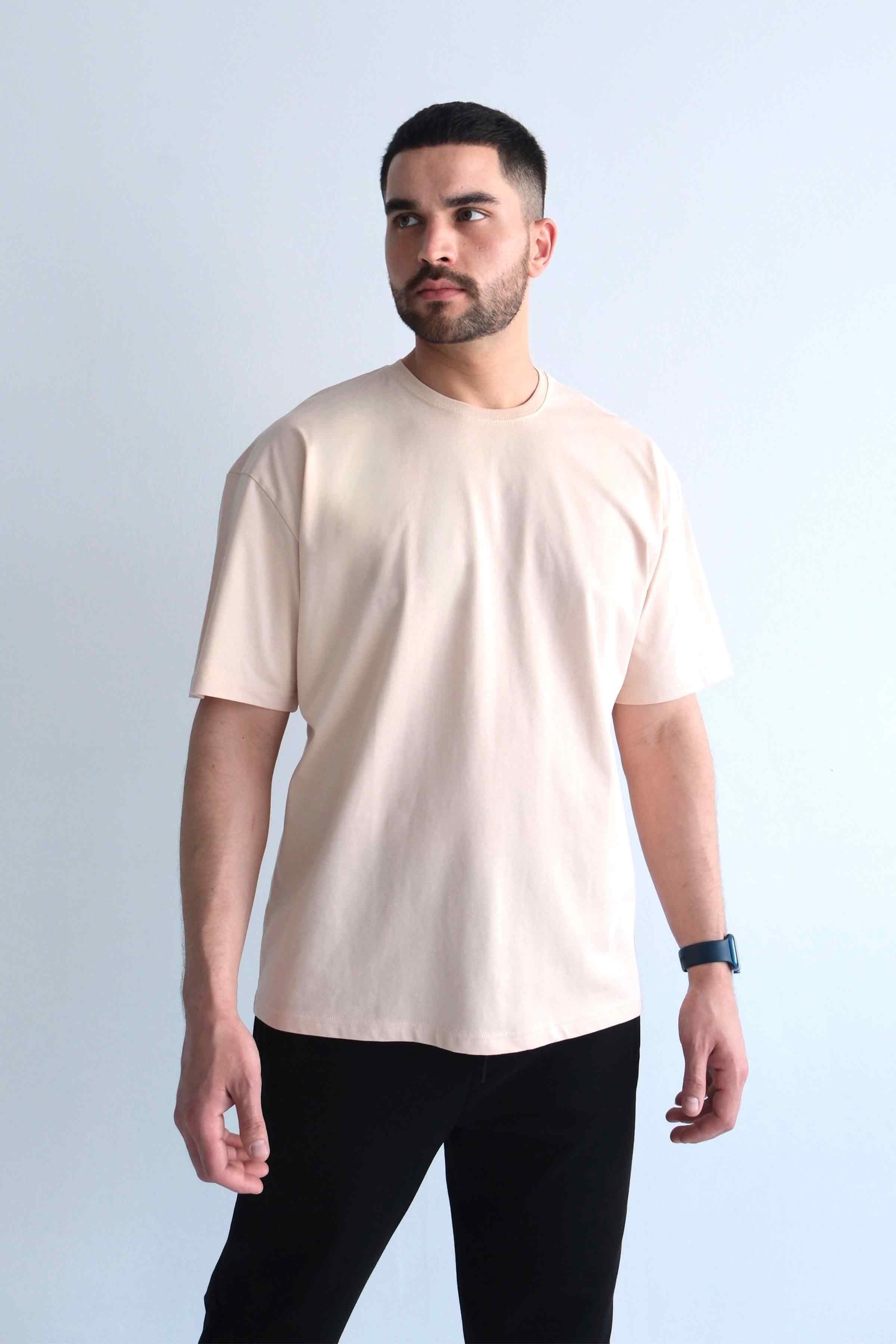 Men’s Oversized 100% Cotton Crew-Neck Basic T-Shirt - Beige