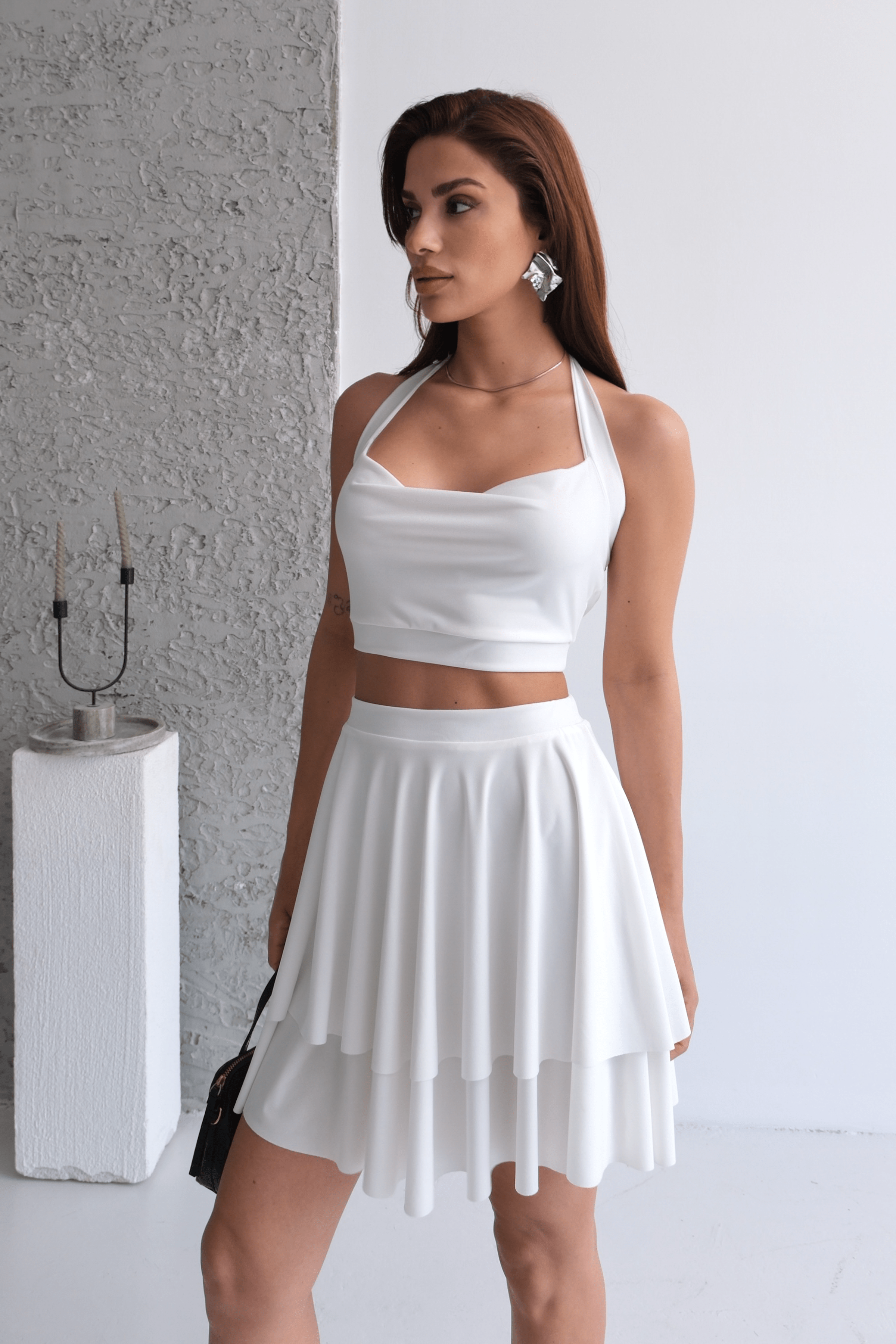 Halter Cowl-Neck Crop Top & Tiered Ruffle Skirt Set - White