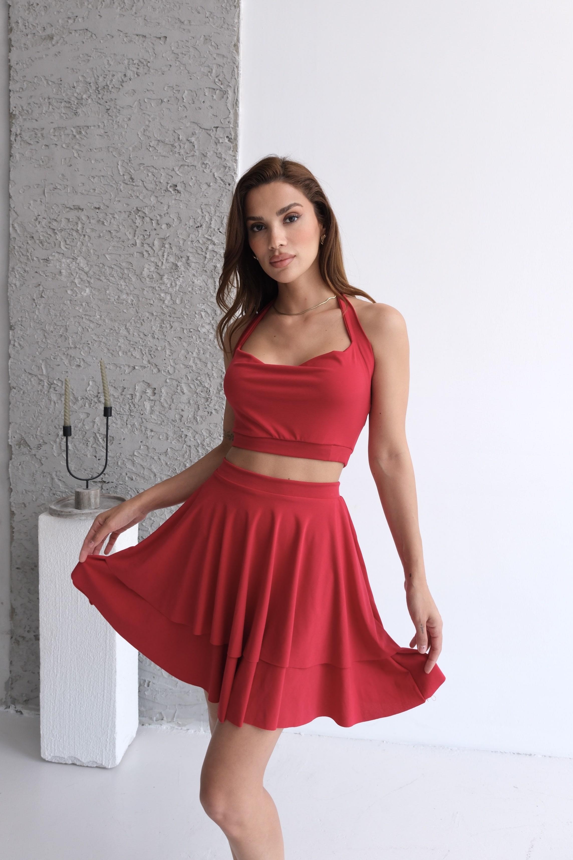 Halter Cowl-Neck Crop Top & Tiered Ruffle Skirt Set - Red