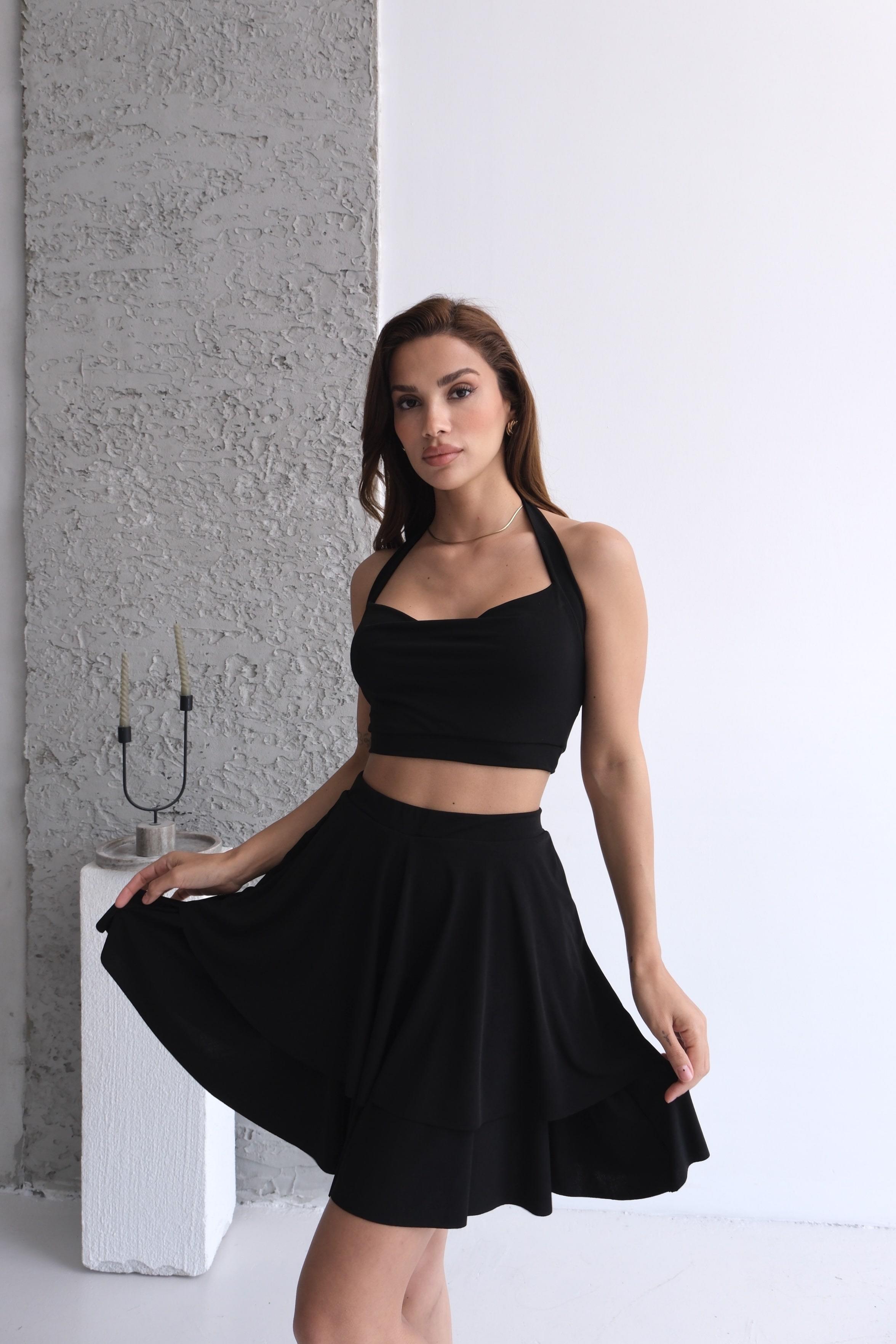 Halter Cowl-Neck Crop Top & Tiered Ruffle Skirt Set - Black