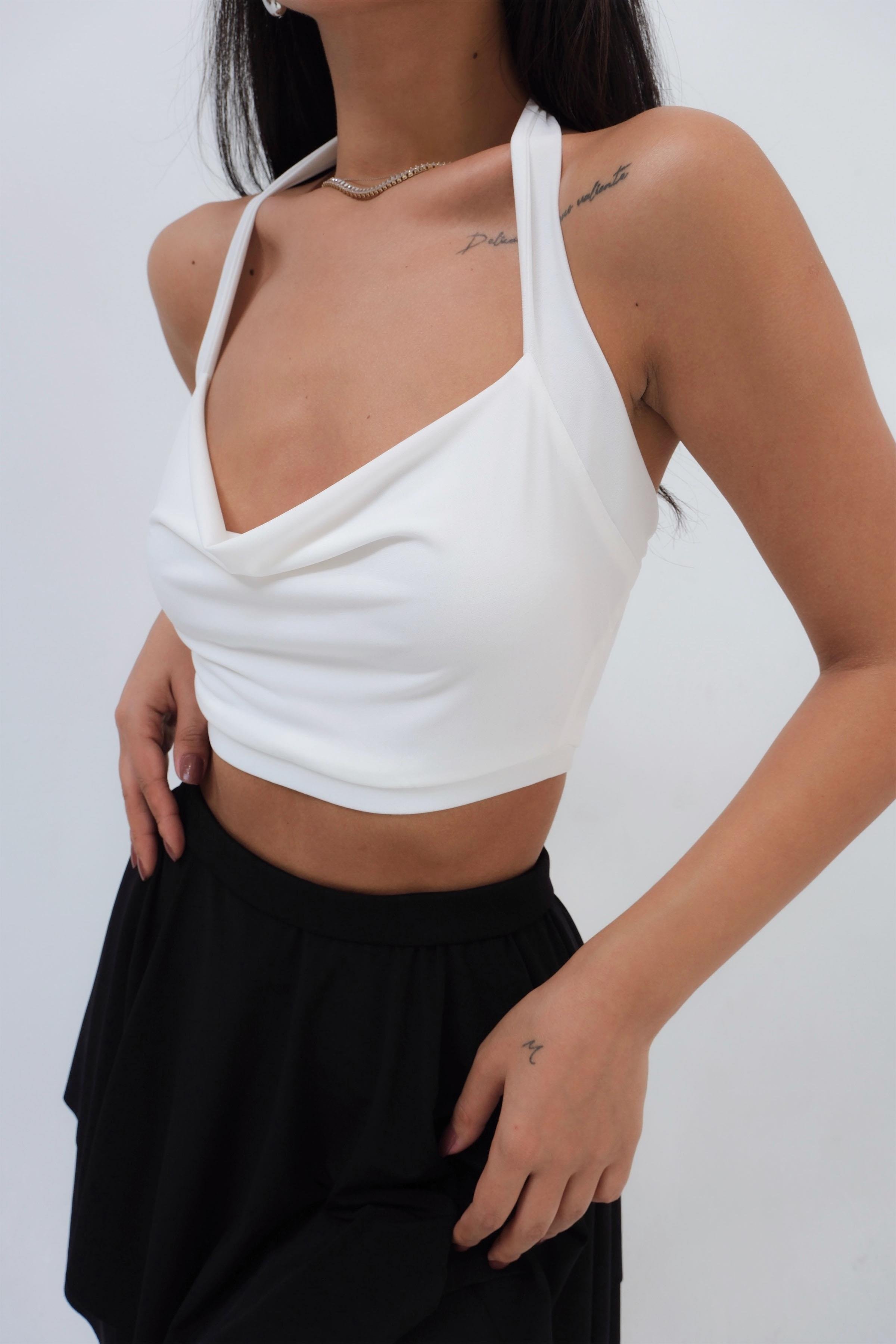 Women’s Halter Cowl-Neck Crop Top Blouse - White