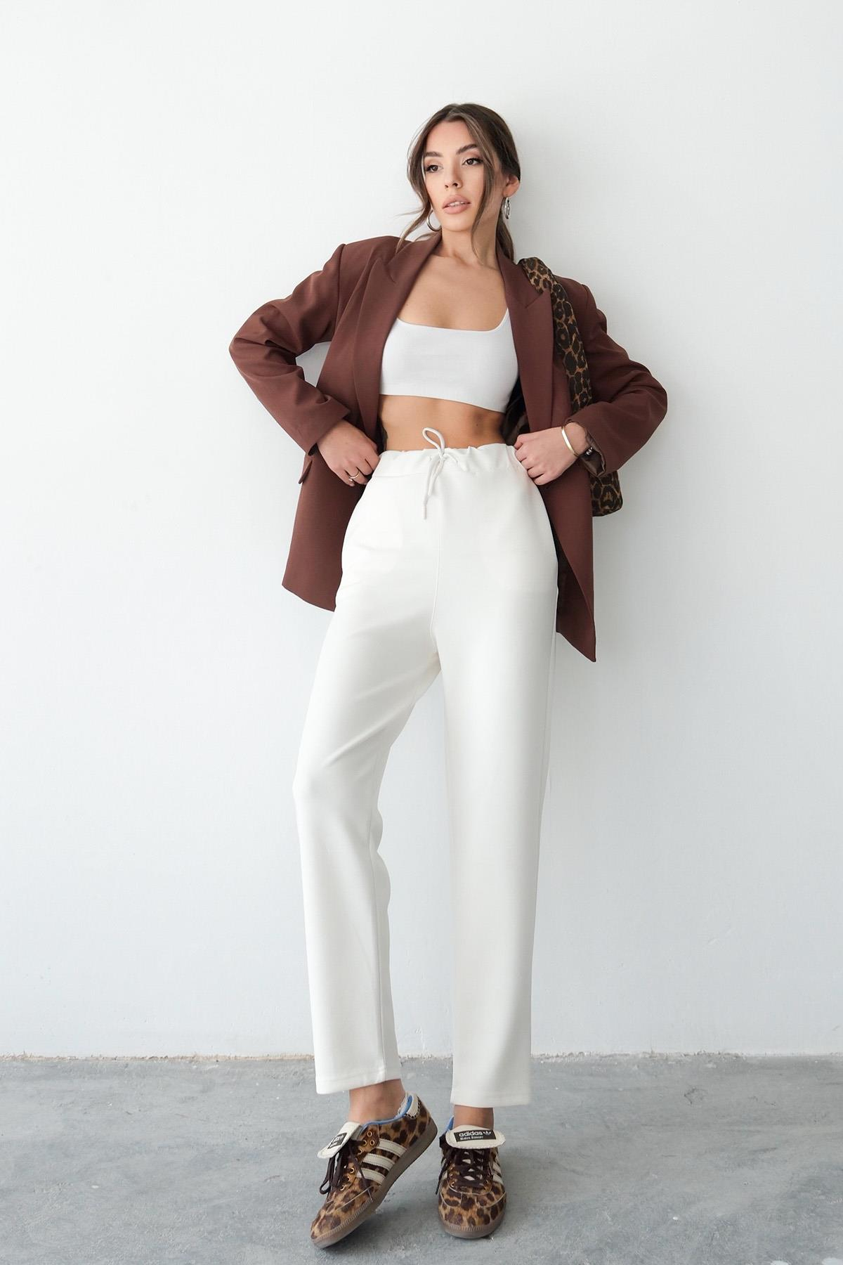 Regular Fit Drawstring Modal Women’s Straight-Leg Sweatpants - Ecru