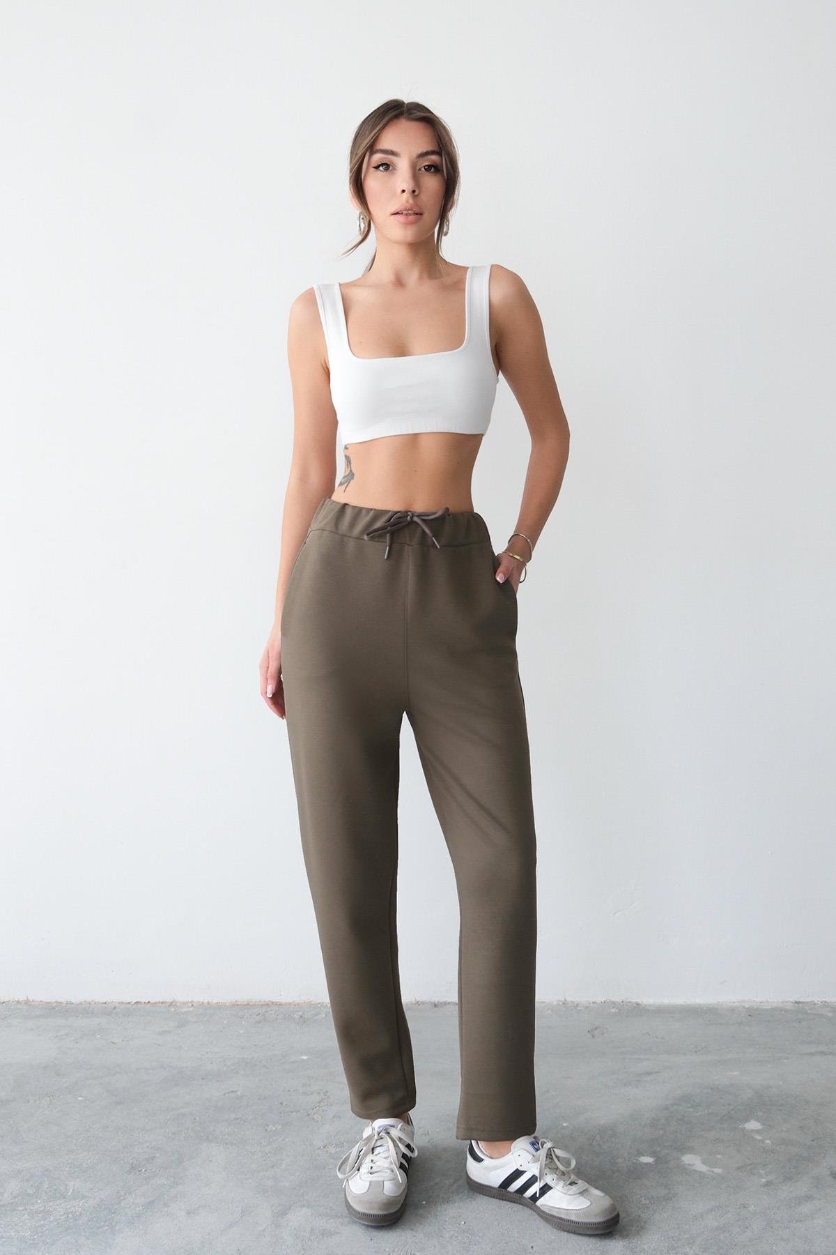 Regular Fit Drawstring Modal Women’s Straight-Leg Sweatpants - Khaki