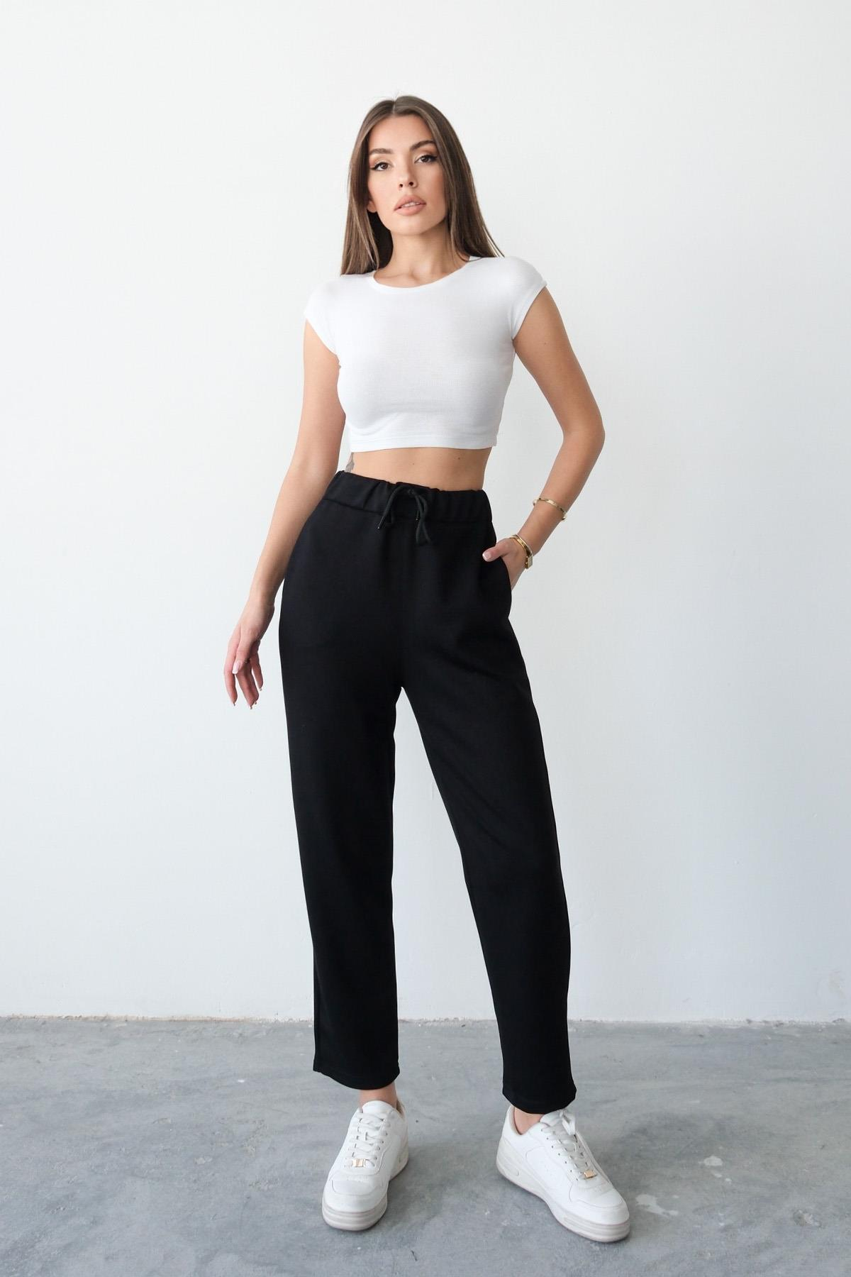 Regular Fit Drawstring Modal Women’s Straight-Leg Sweatpants - Black