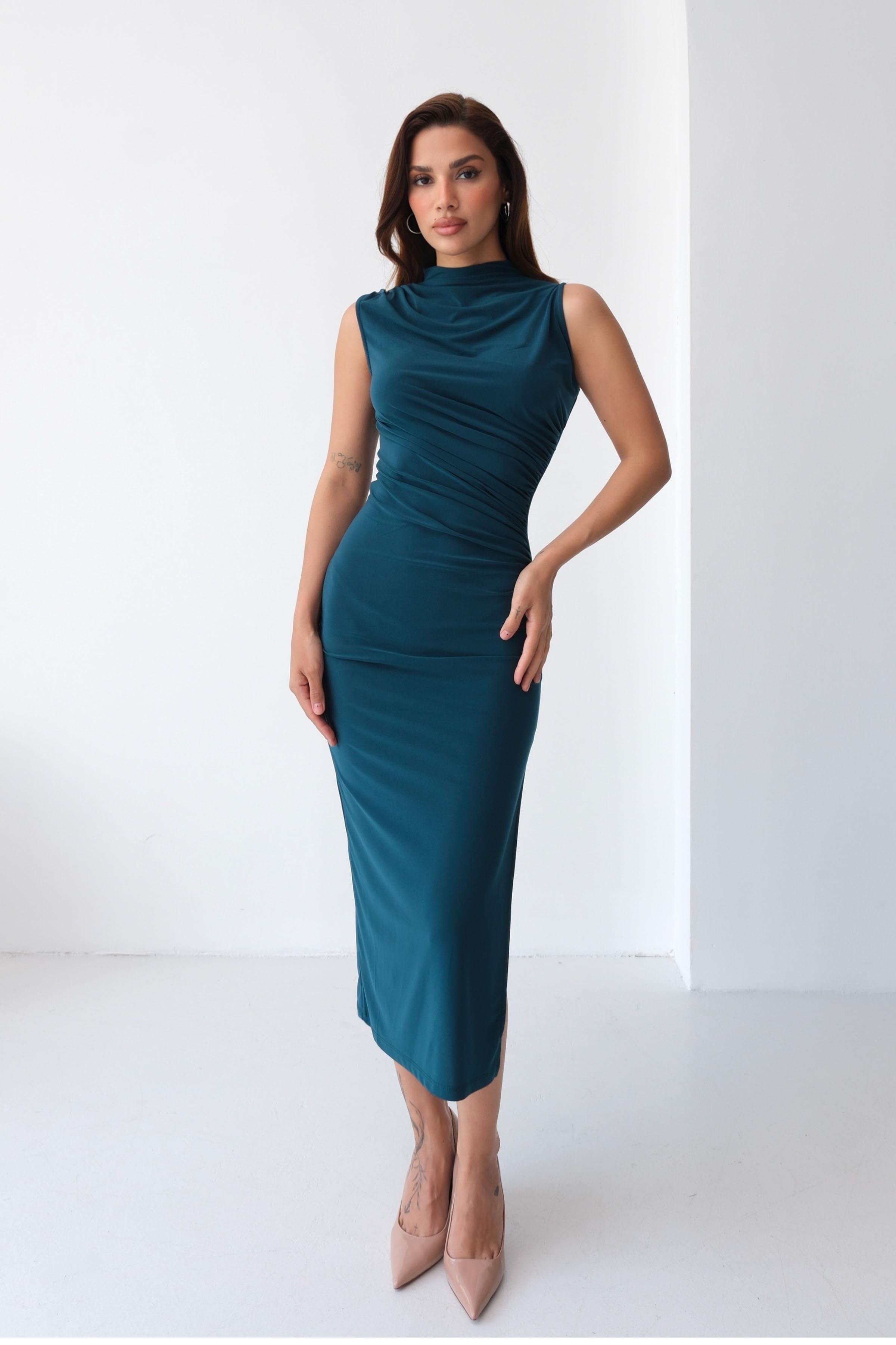 Mock-Neck Sleeveless Sandy Pencil Dress with Draped Waist and Slit – Teal