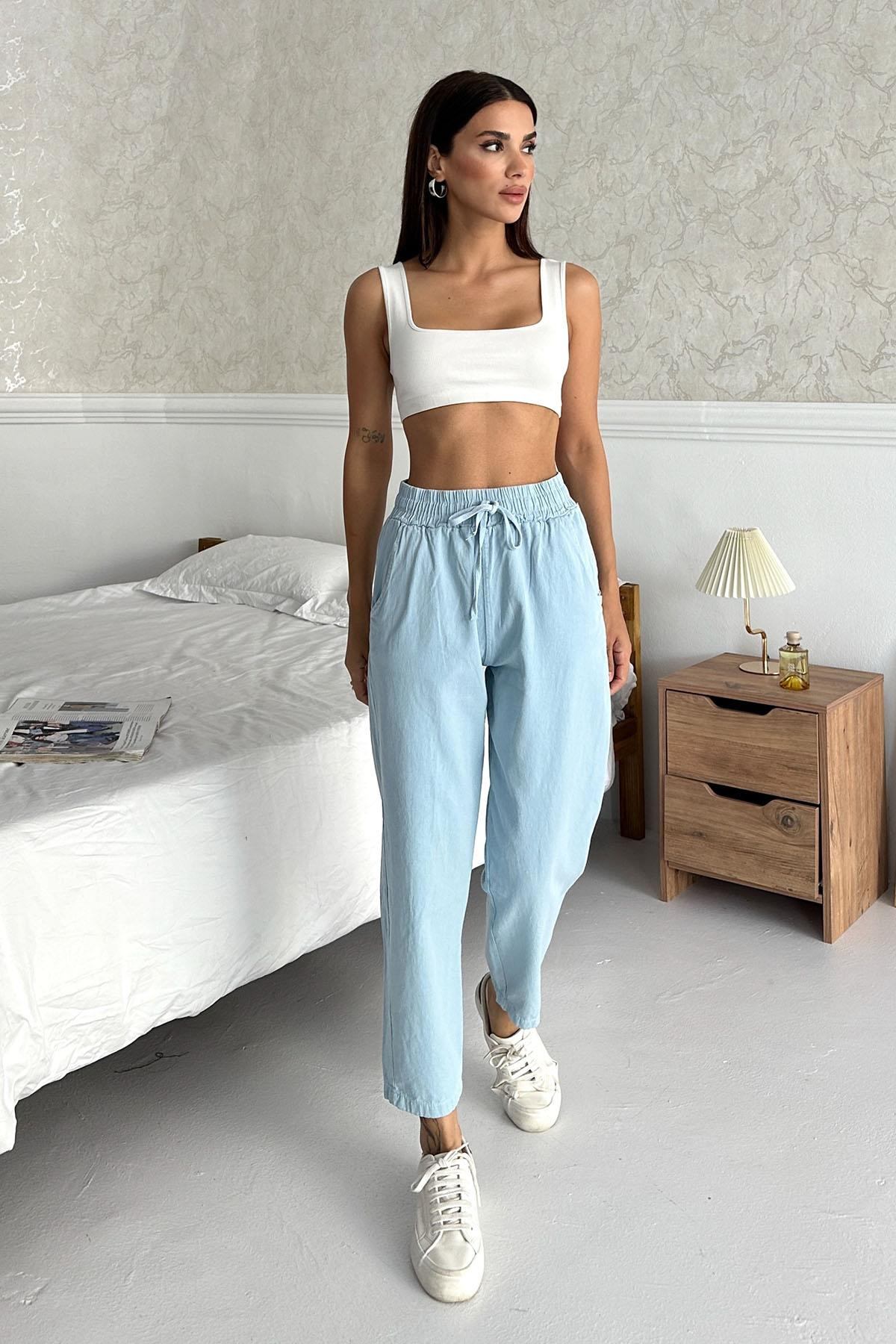 Women’s Gabardine 100% Cotton Relax Fit High-Waist Straight-Leg Pants – Baby Blue