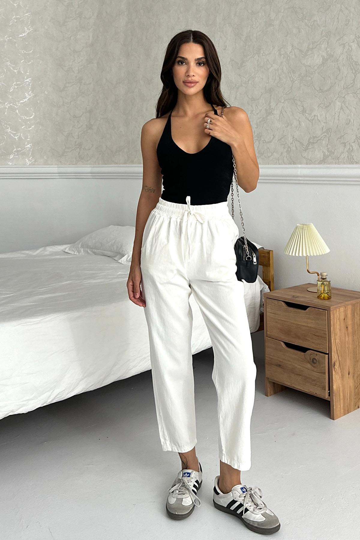 Women’s Gabardine 100% Cotton Relax Fit High-Waist Straight-Leg Pants – Ecru