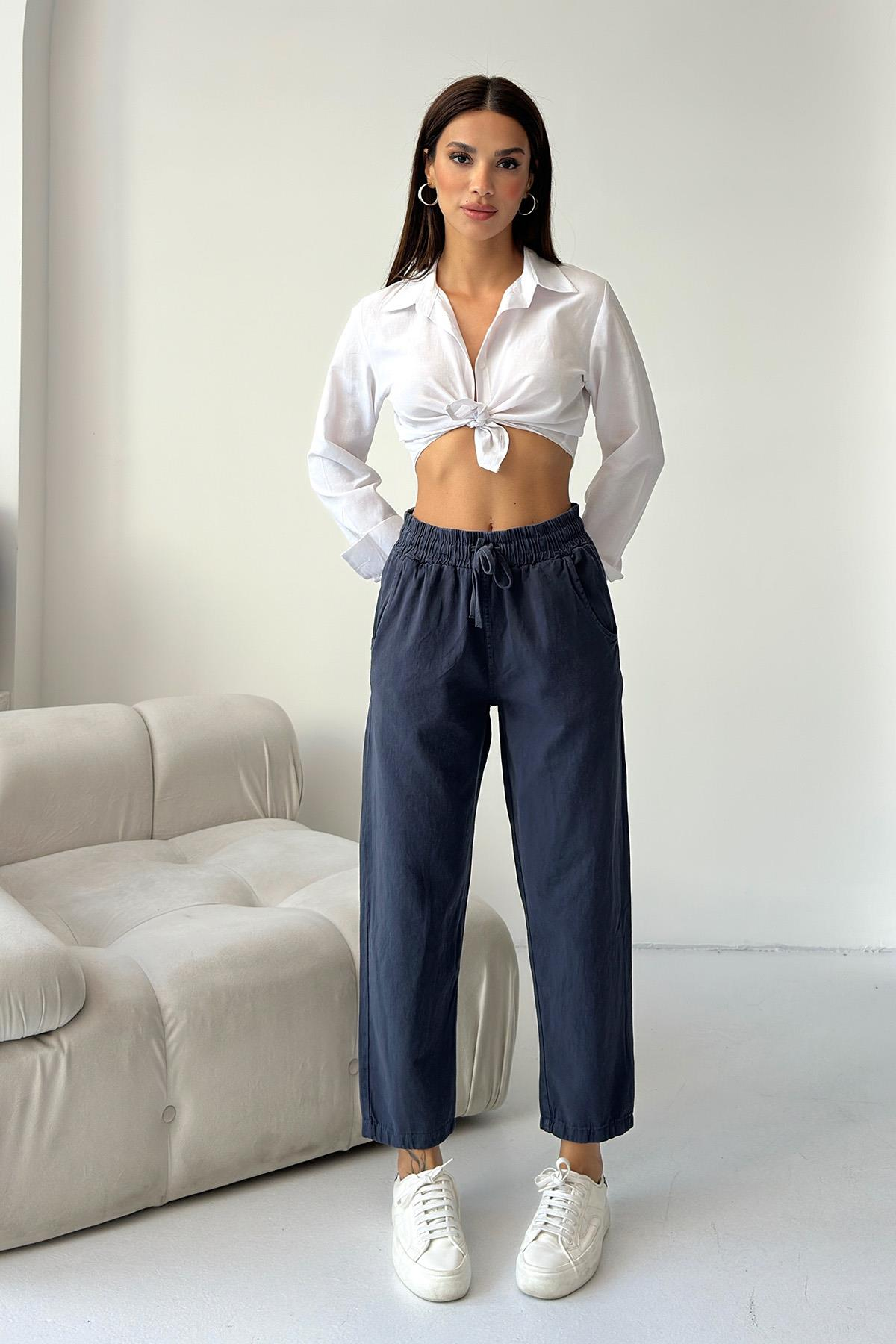 Women’s Gabardine 100% Cotton Relax Fit High-Waist Straight-Leg Pants – Charcoal