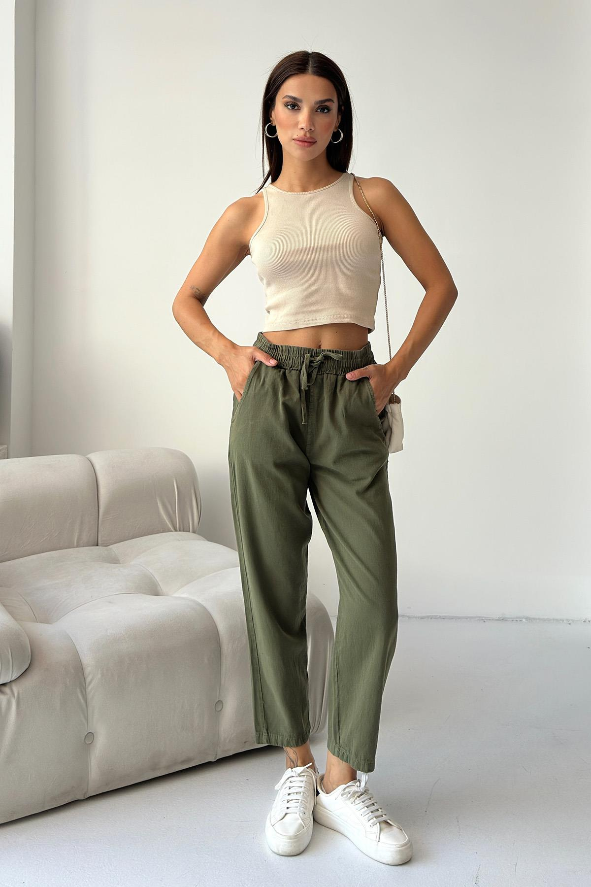 Women’s Gabardine 100% Cotton Relax Fit High-Waist Straight-Leg Pants – Khaki