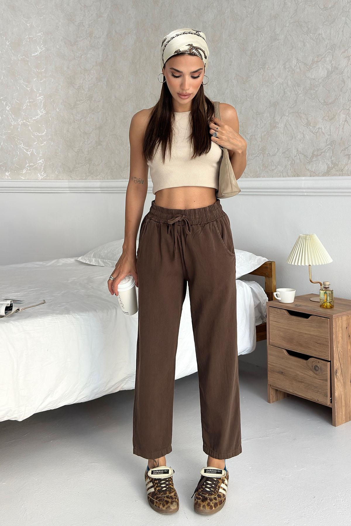 Women’s Gabardine 100% Cotton Relax Fit High-Waist Straight-Leg Pants – Brown