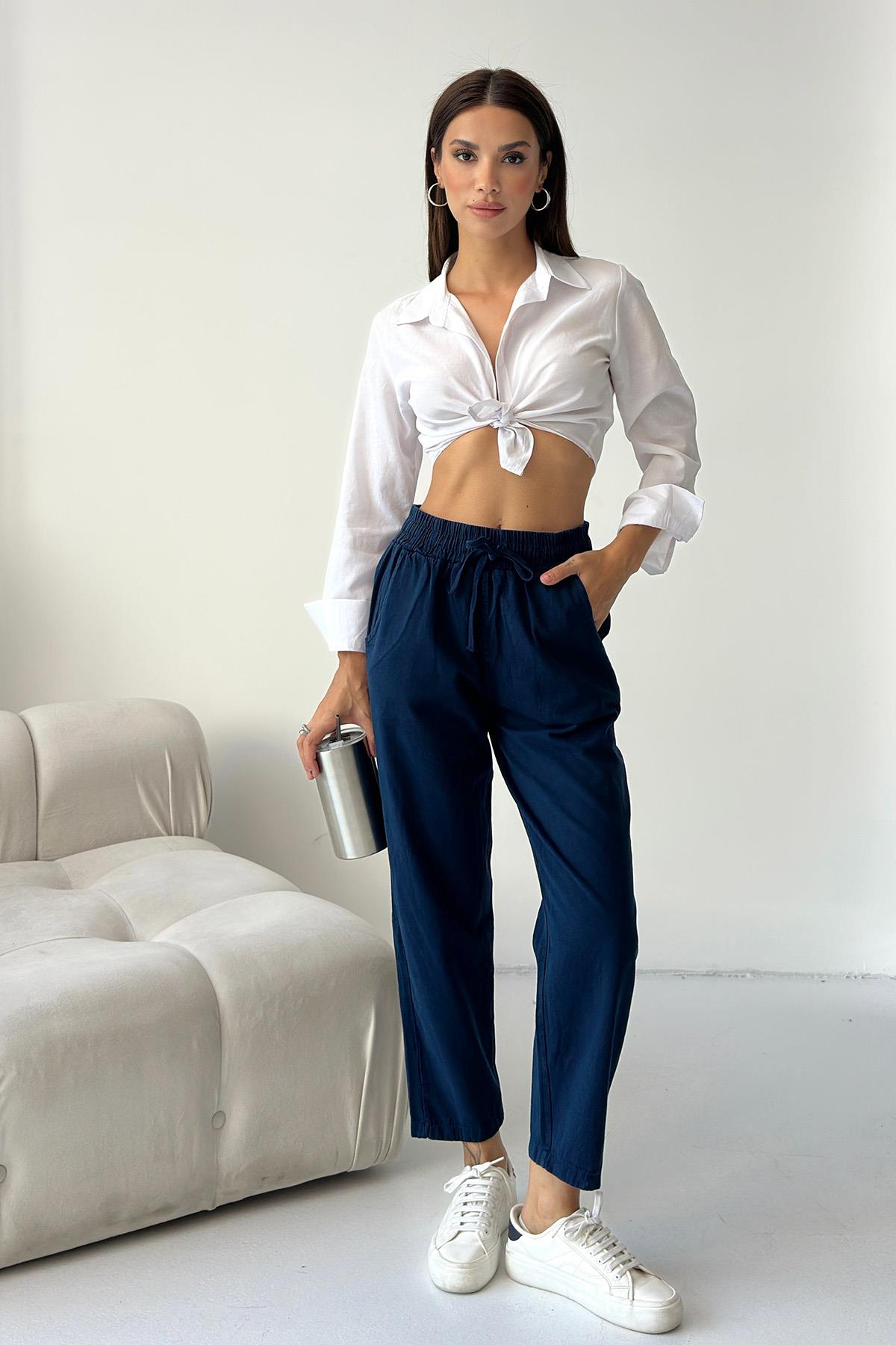 Women’s Gabardine 100% Cotton Relax Fit High-Waist Straight-Leg Pants – Navy