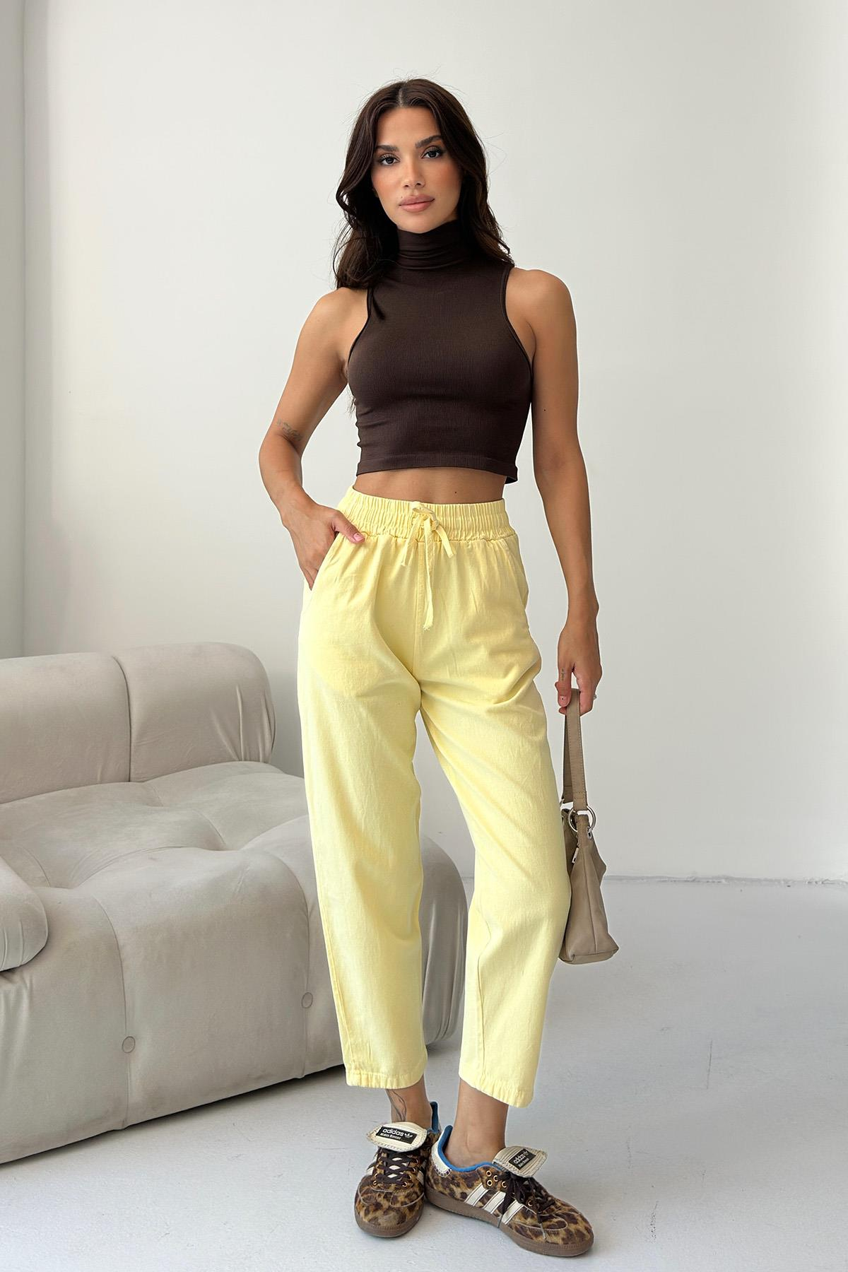 Women’s Gabardine 100% Cotton Relax Fit High-Waist Straight-Leg Pants – Yellow