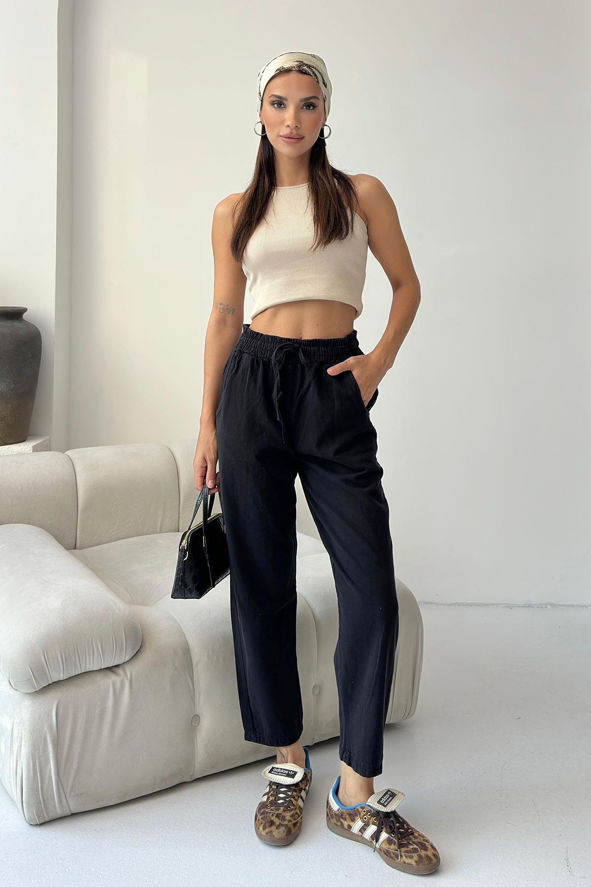 Women’s Gabardine 100% Cotton Relax Fit High-Waist Straight-Leg Pants – Black