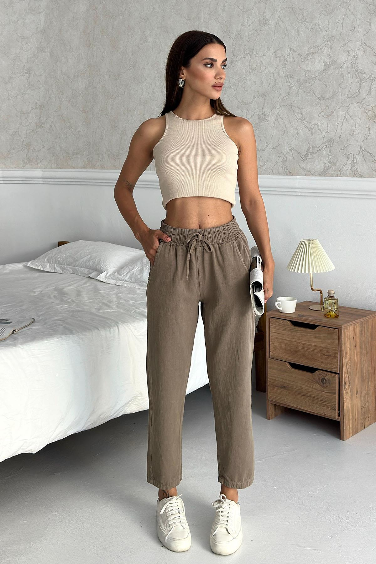 Women’s Gabardine 100% Cotton Relax Fit High-Waist Straight-Leg Pants – Taupe