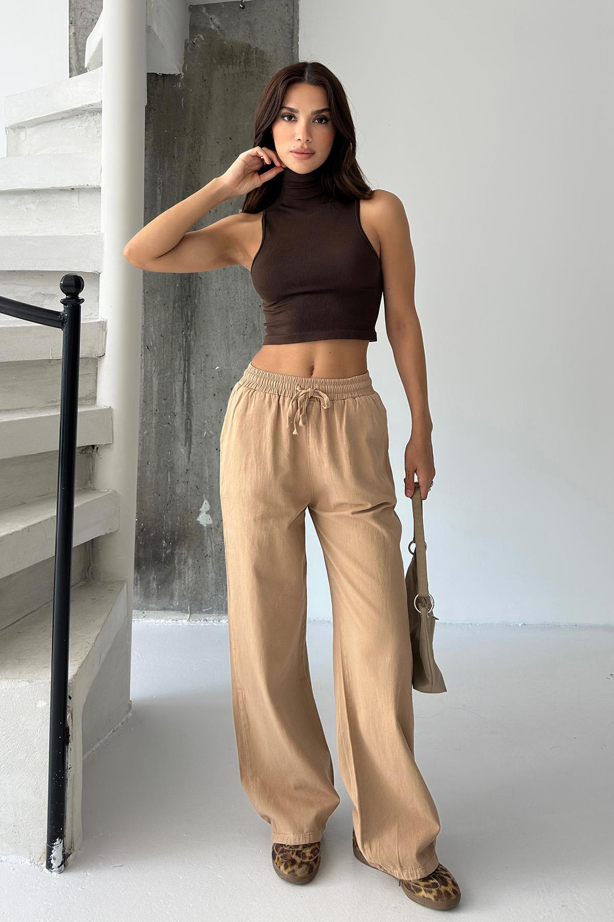 Gabardine 100% Cotton High-Waist Wide-Leg Palazzo Pants – Camel