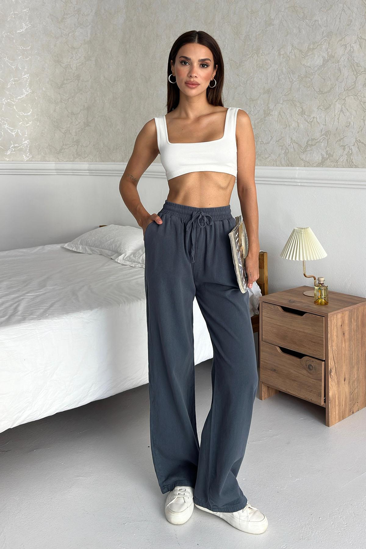 Gabardine 100% Cotton High-Waist Wide-Leg Palazzo Pants – Charcoal