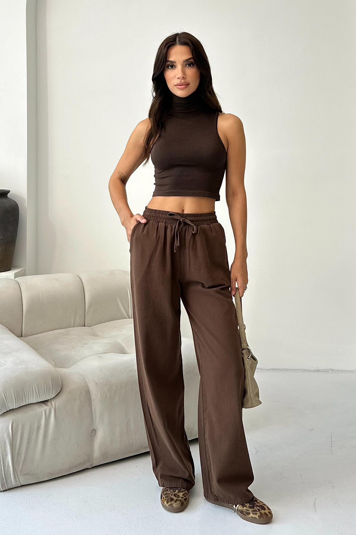 Gabardine 100% Cotton High-Waist Wide-Leg Palazzo Pants – Brown