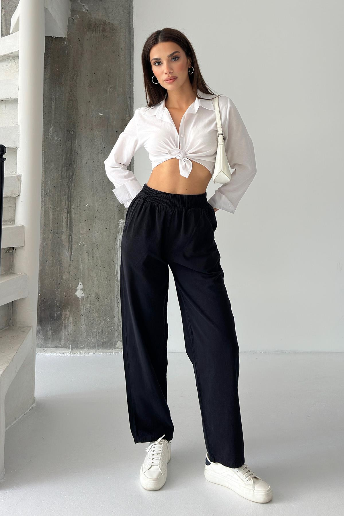 Gabardine High-Waist 100% Cotton Straight-Leg Pants – Black