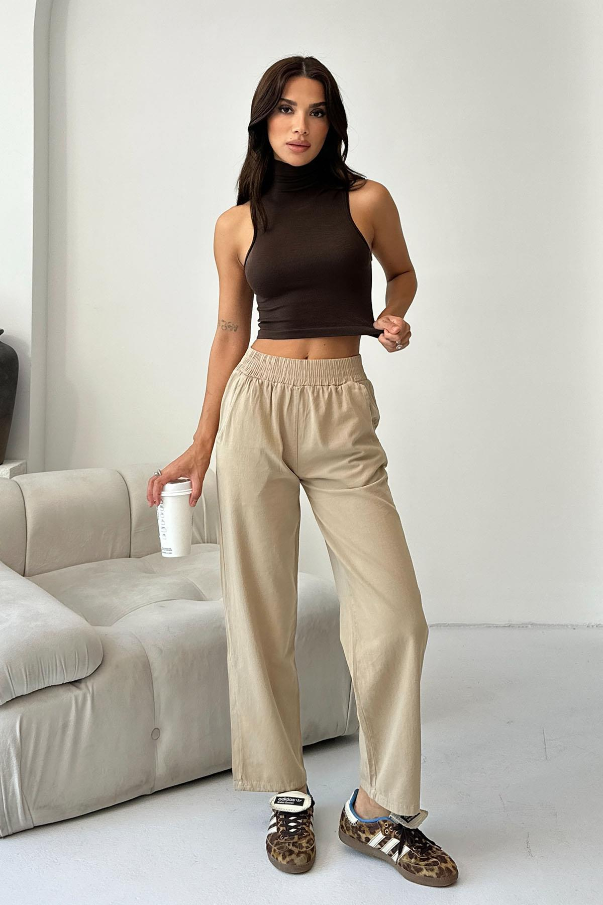 Gabardine High-Waist 100% Cotton Straight-Leg Pants – Beige