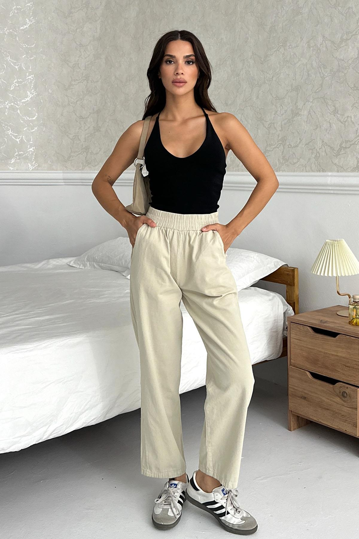 Gabardine High-Waist 100% Cotton Straight-Leg Pants – Stone