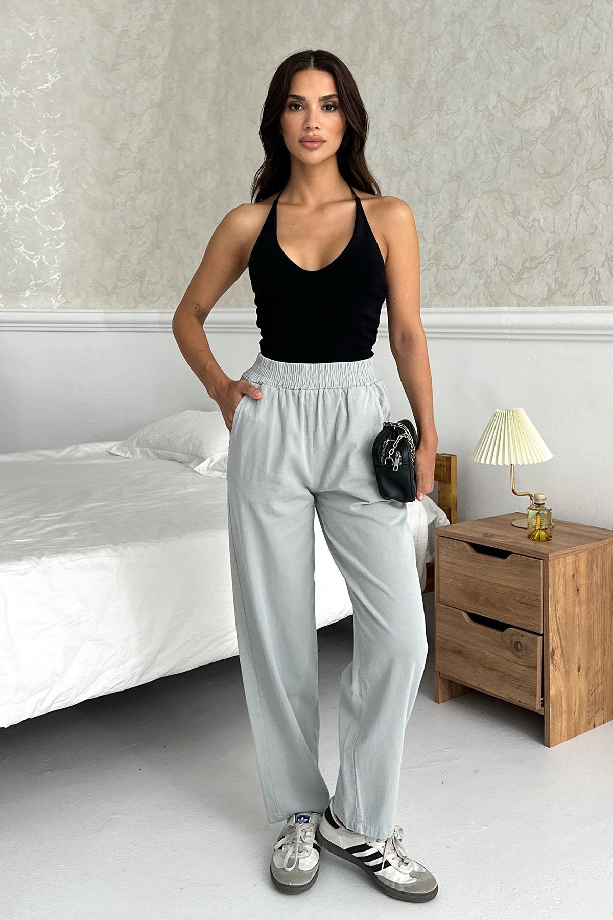 Gabardine High-Waist 100% Cotton Straight-Leg Pants – Grey