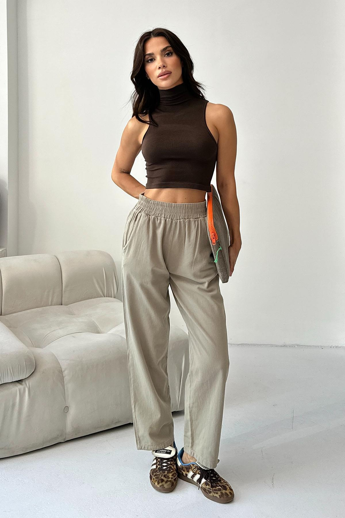 Gabardine High-Waist 100% Cotton Straight-Leg Pants – Taupe