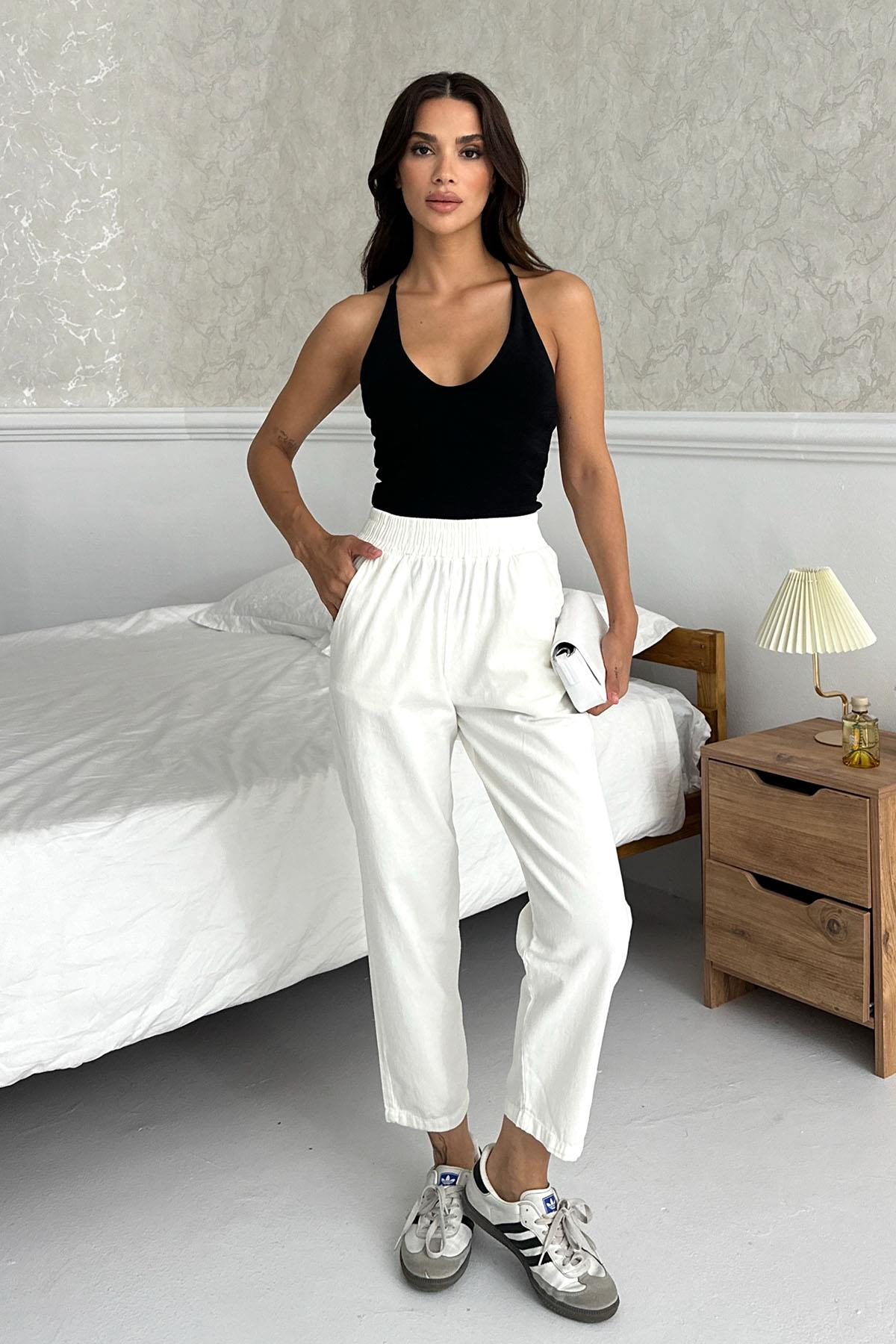 Gabardine High-Waist 100% Cotton Straight-Leg Pants – Ecru