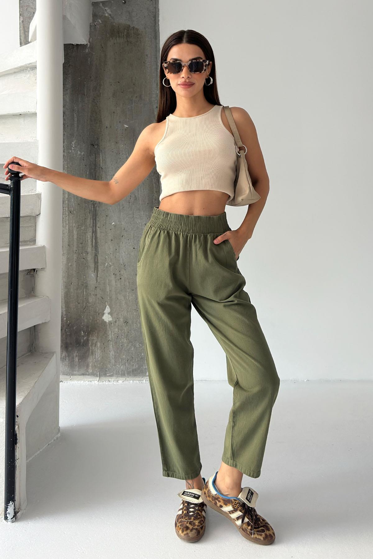 Gabardine High-Waist 100% Cotton Straight-Leg Pants – Khaki