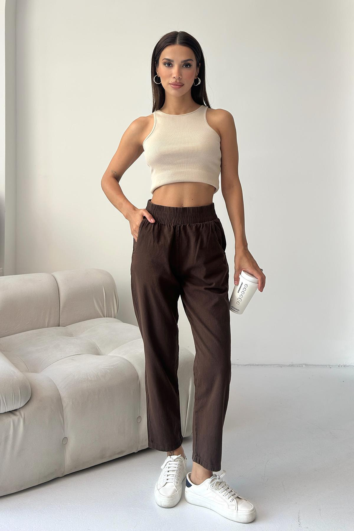 Gabardine High-Waist 100% Cotton Straight-Leg Pants – Brown