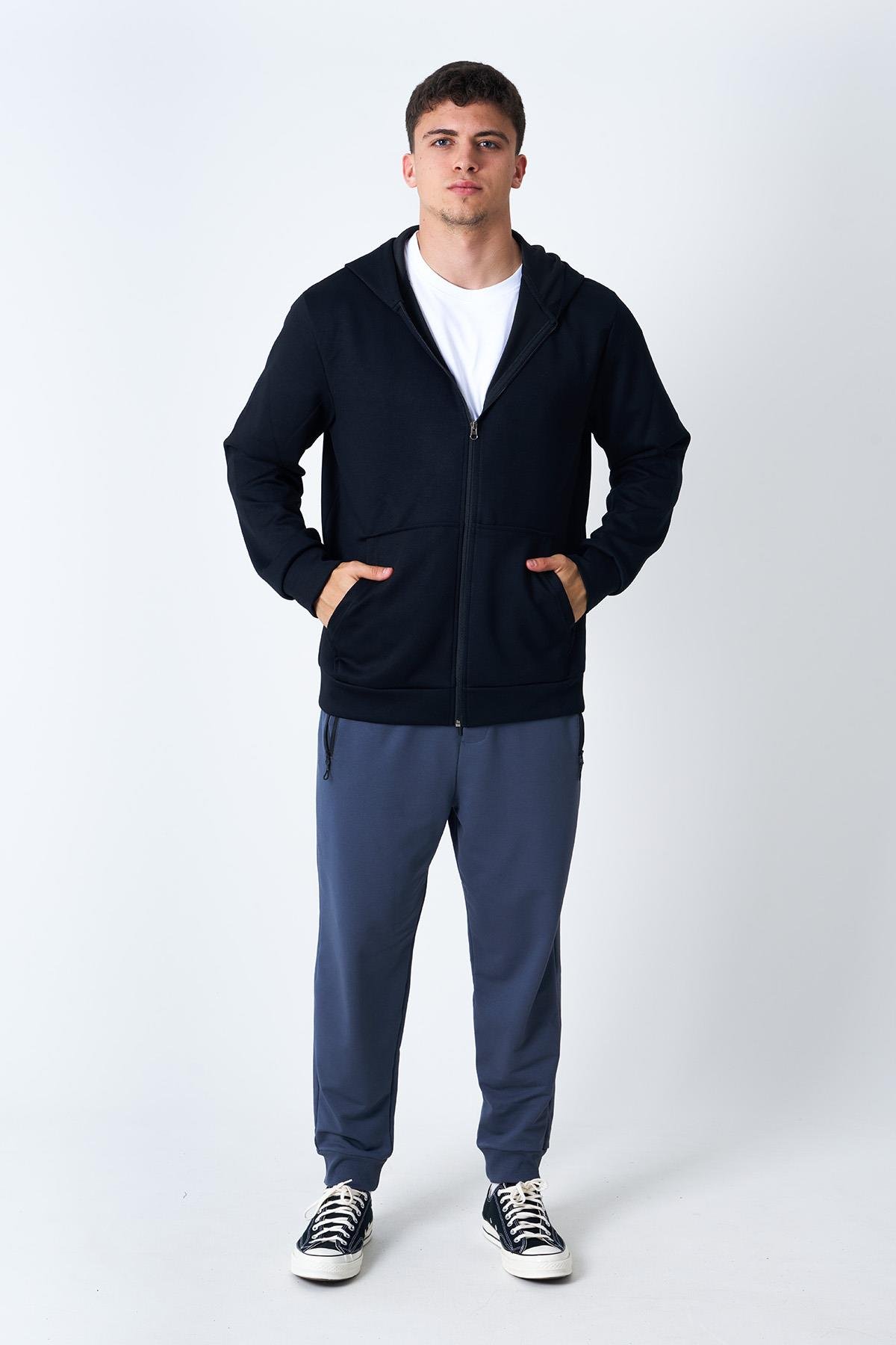 Zip-Up Modal Hoodie with Kangaroo Pocket - Black