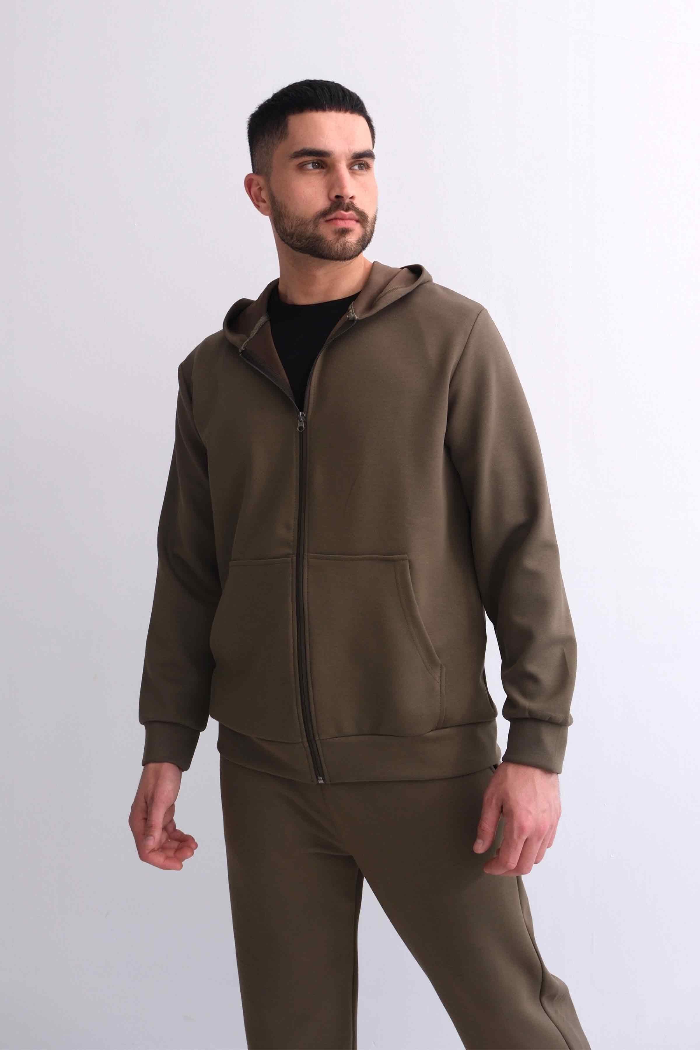Zip-Up Modal Hoodie with Kangaroo Pocket - Khaki