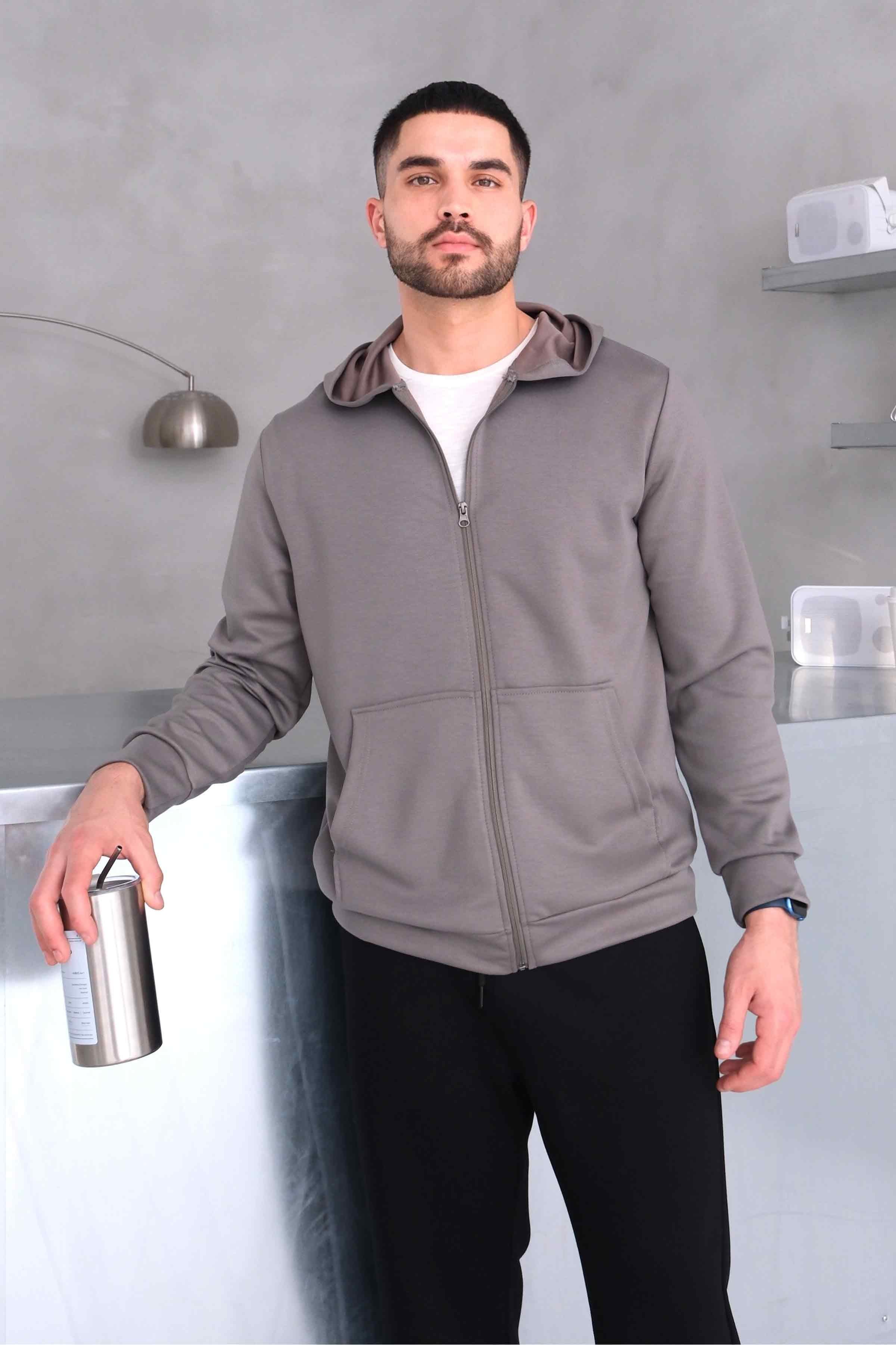 Zip-Up Modal Hoodie with Kangaroo Pocket - Taupe