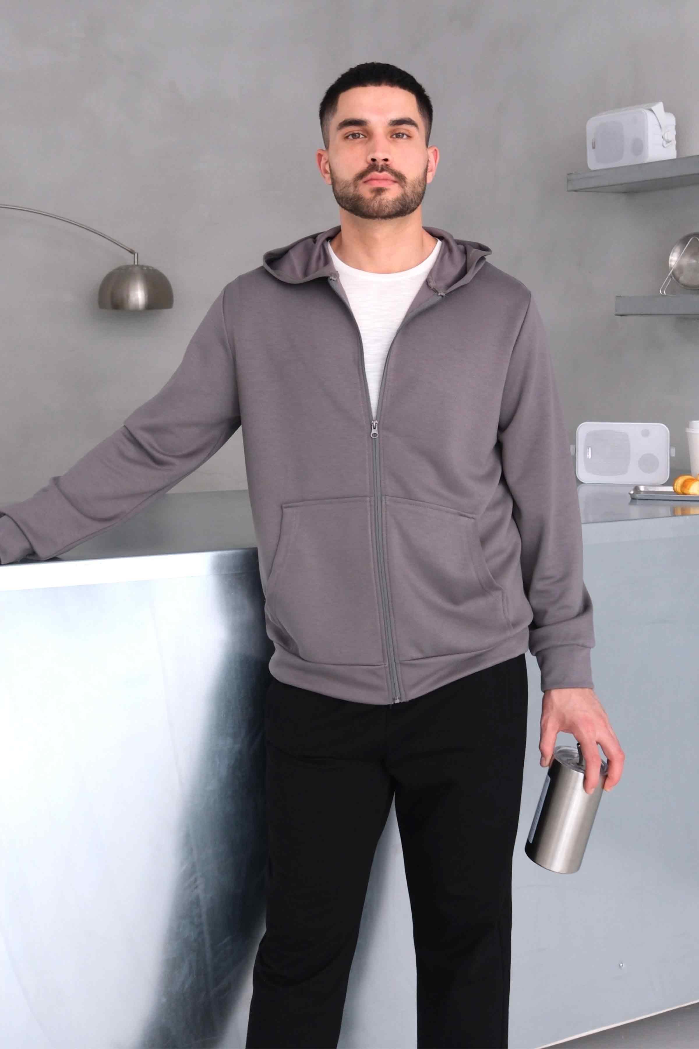 Zip-Up Modal Hoodie with Kangaroo Pocket - Grey