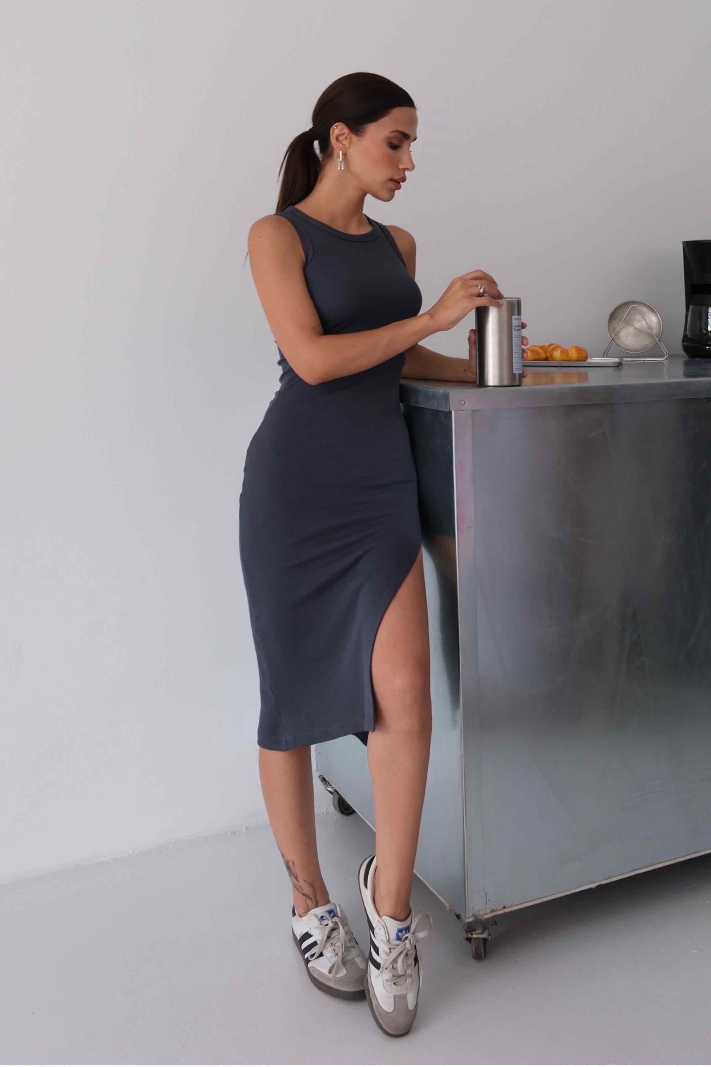 Women’s Halter-Neck Ribbed Midi Pencil Dress – Charcoal