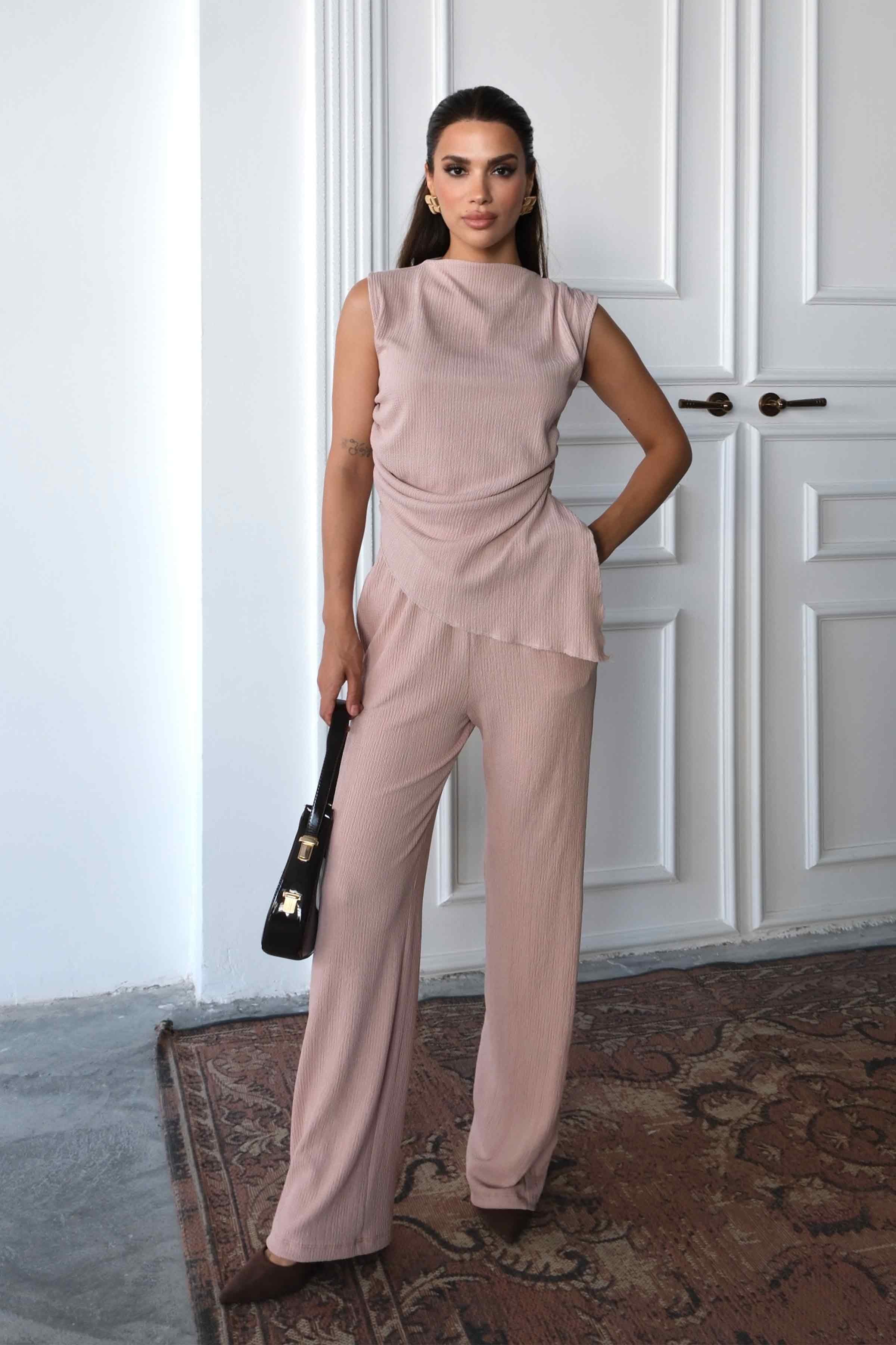 Women’s Regular Fit Crinkle Cotton Blouse & Pants Set – Stone