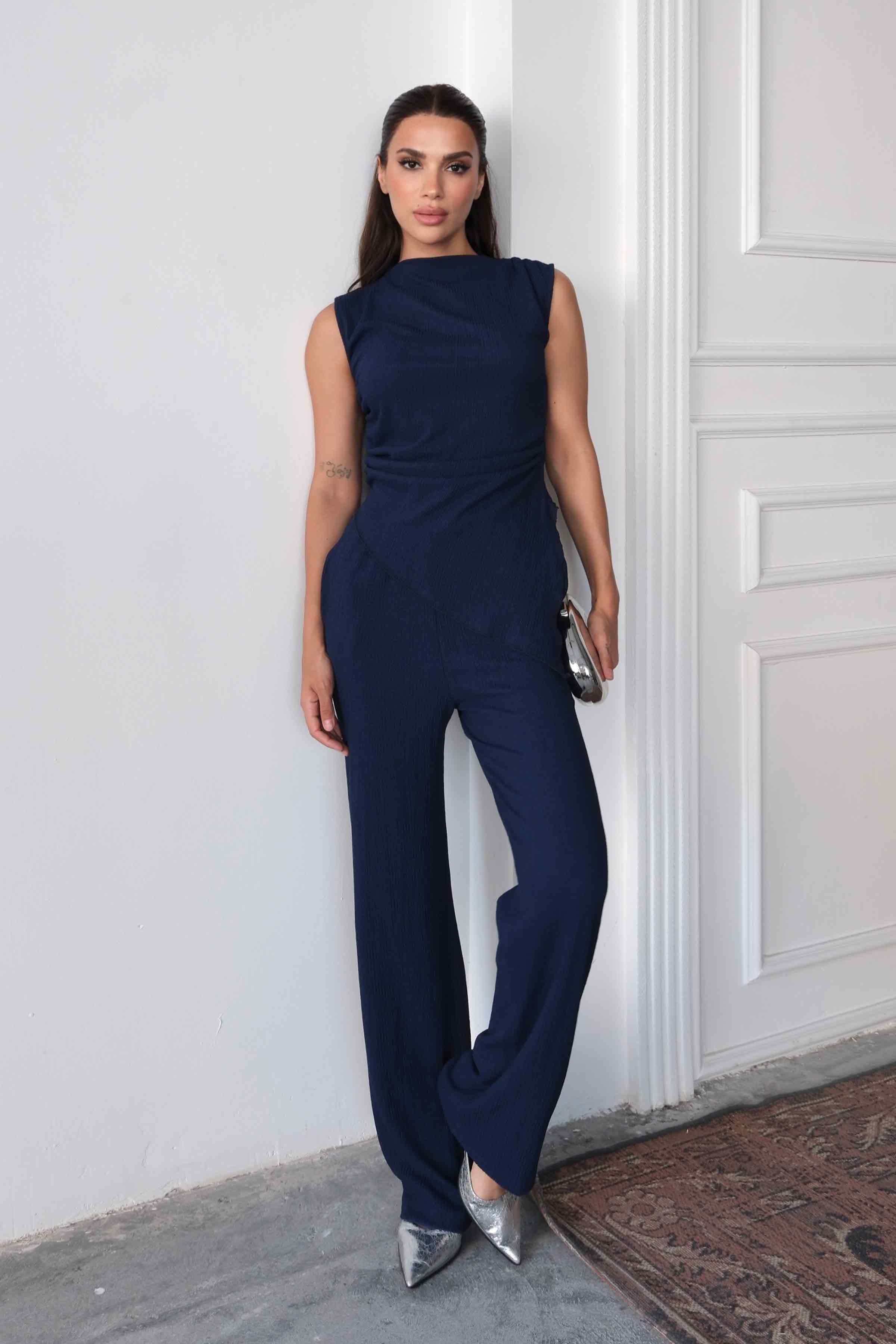 Women’s Regular Fit Crinkle Cotton Blouse & Pants Set – Navy