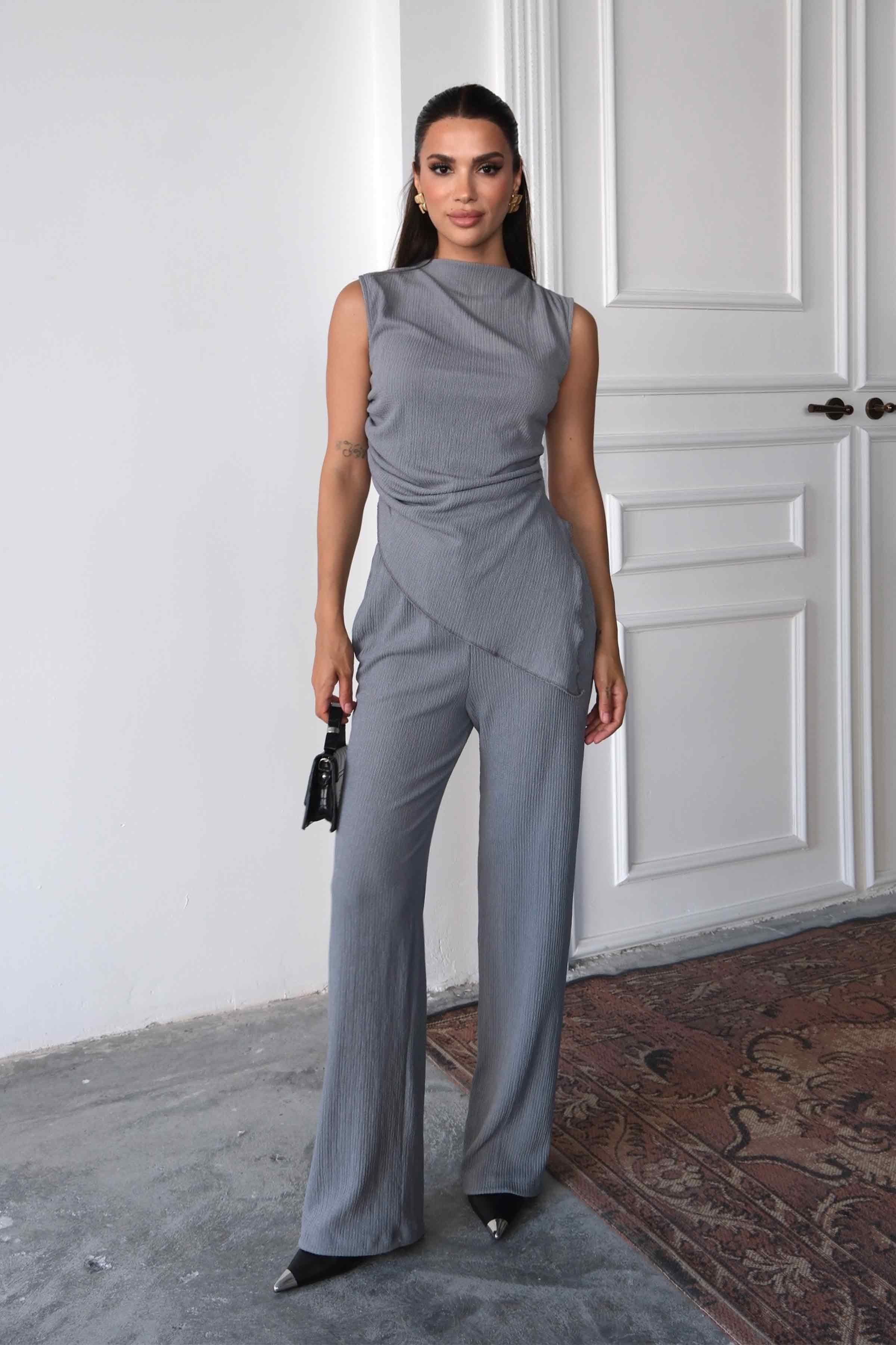 Women’s Regular Fit Crinkle Cotton Blouse & Pants Set – Grey