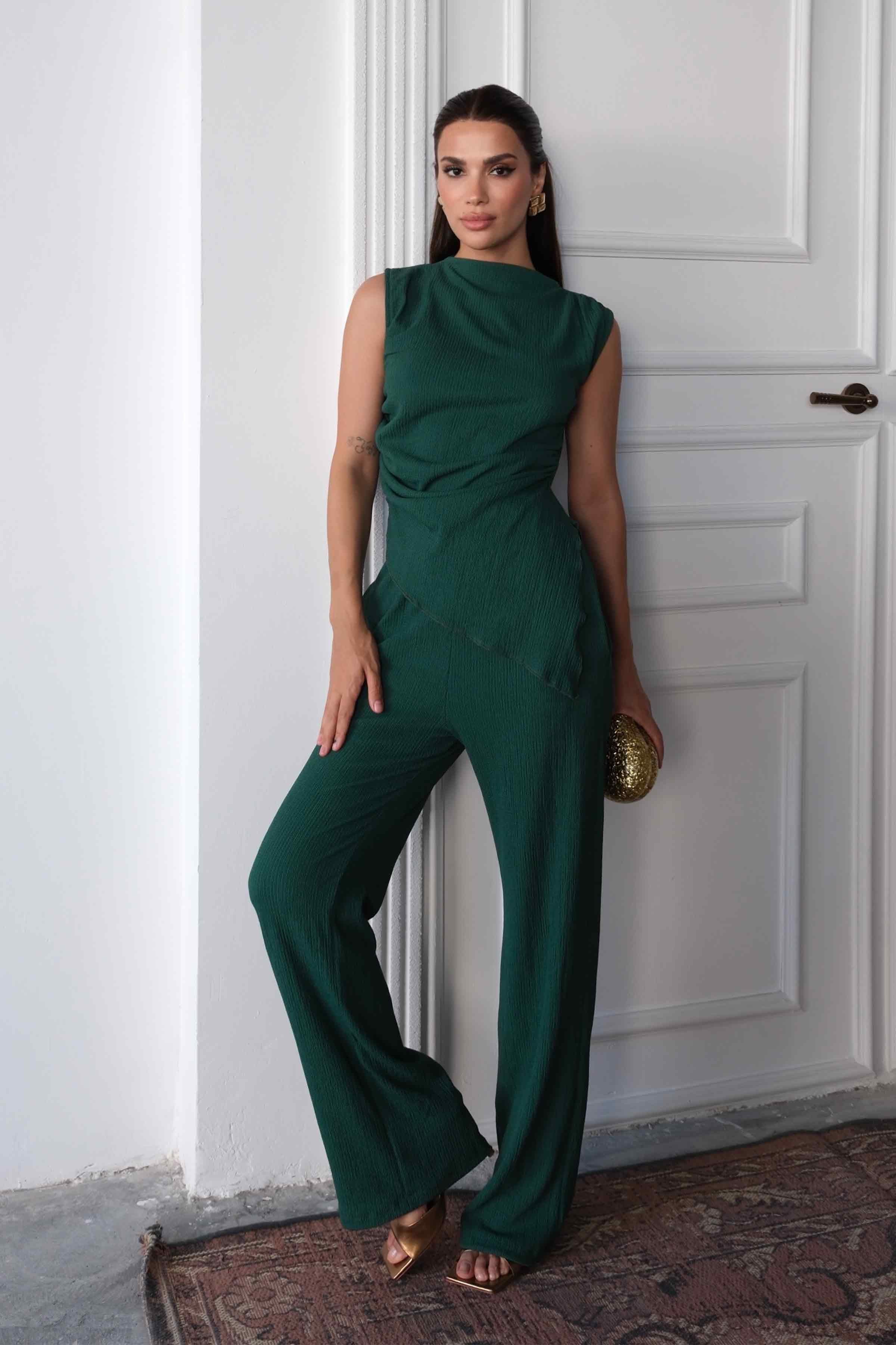 Women’s Regular Fit Crinkle Cotton Blouse & Pants Set – Green