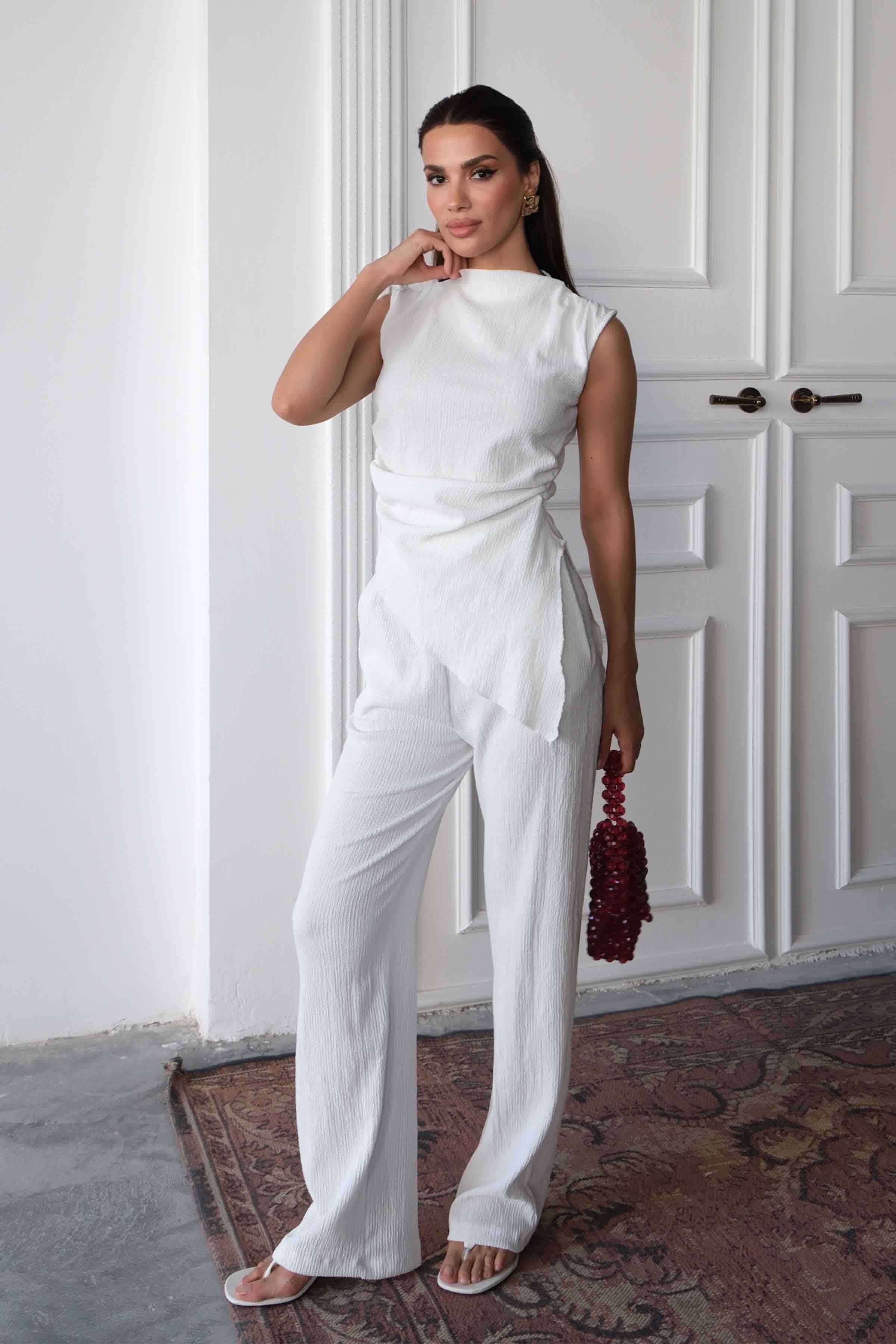 Women’s Regular Fit Crinkle Cotton Blouse & Pants Set – Ecru