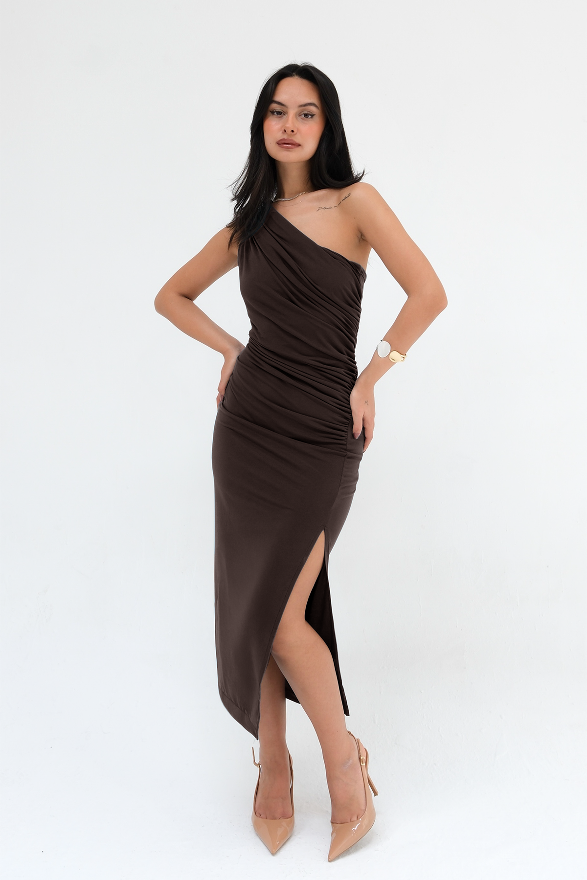 One-Shoulder Draped Sandy Midi/Maxi Dress - Brown