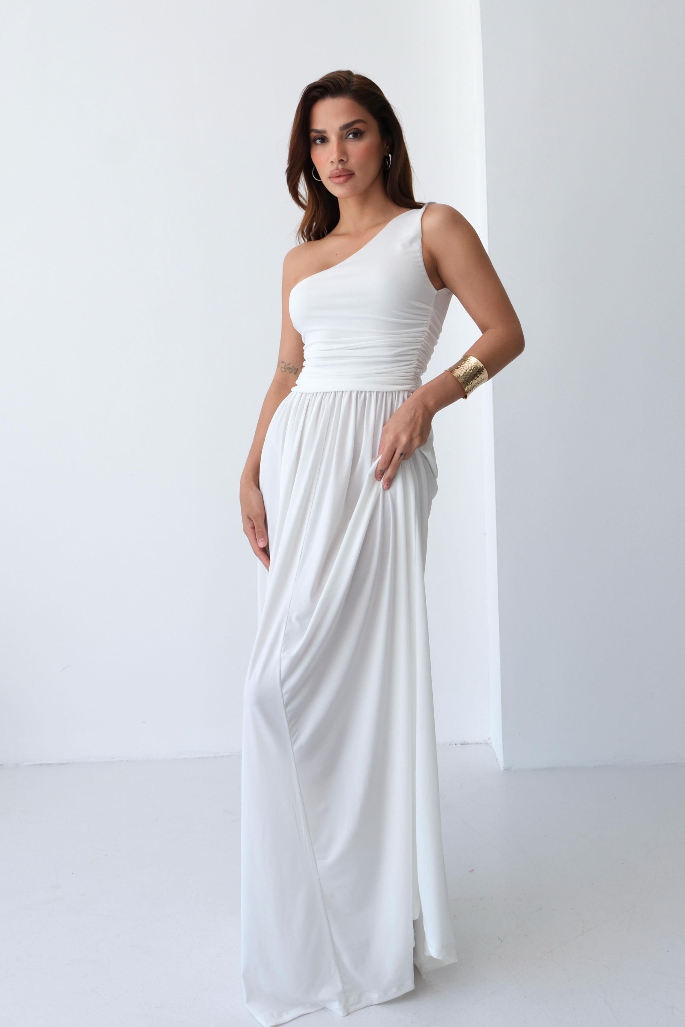 One-Shoulder Draped Sandy Maxi Dress – White
