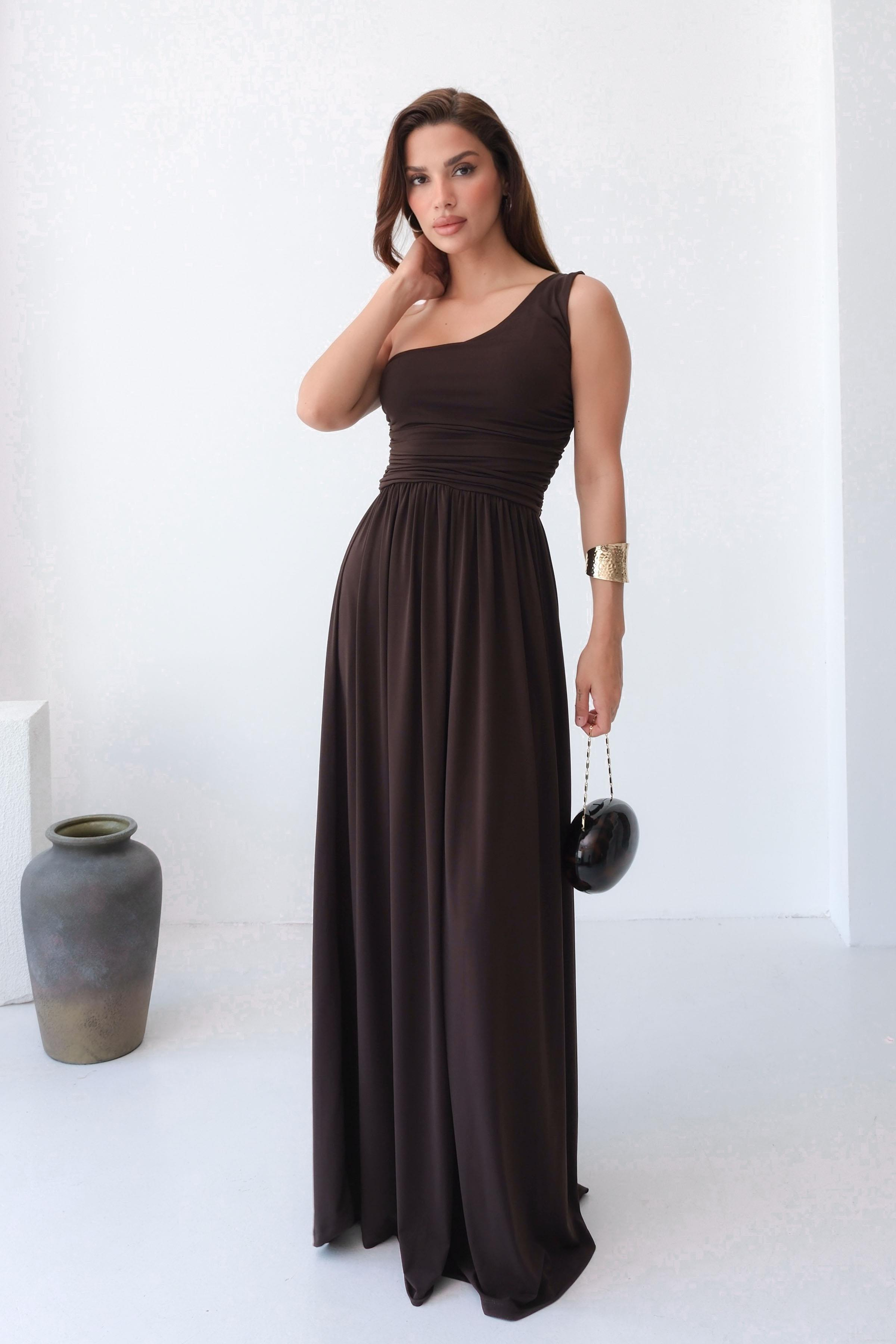 One-Shoulder Draped Sandy Maxi Dress – Brown
