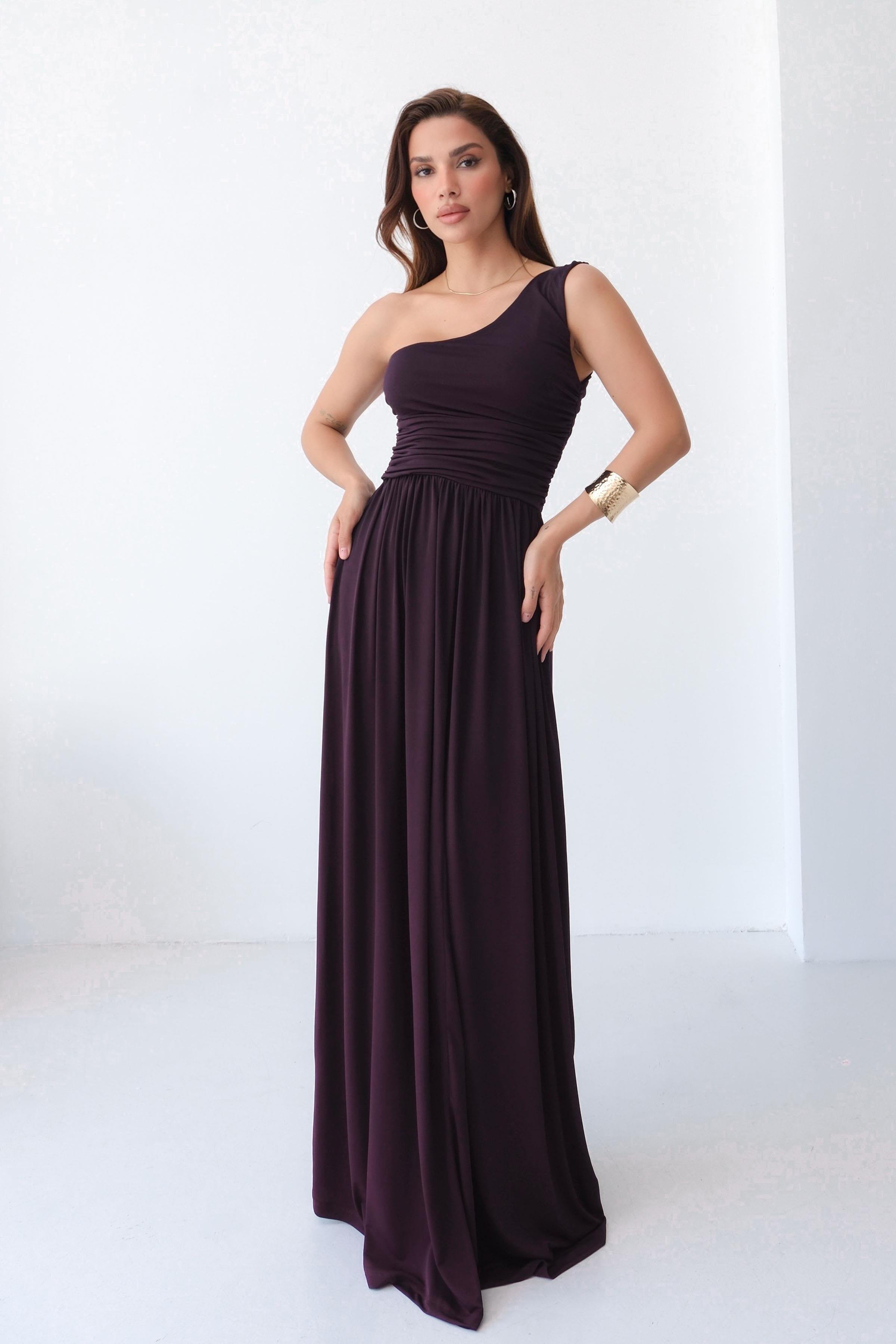 One-Shoulder Draped Sandy Maxi Dress – Purple