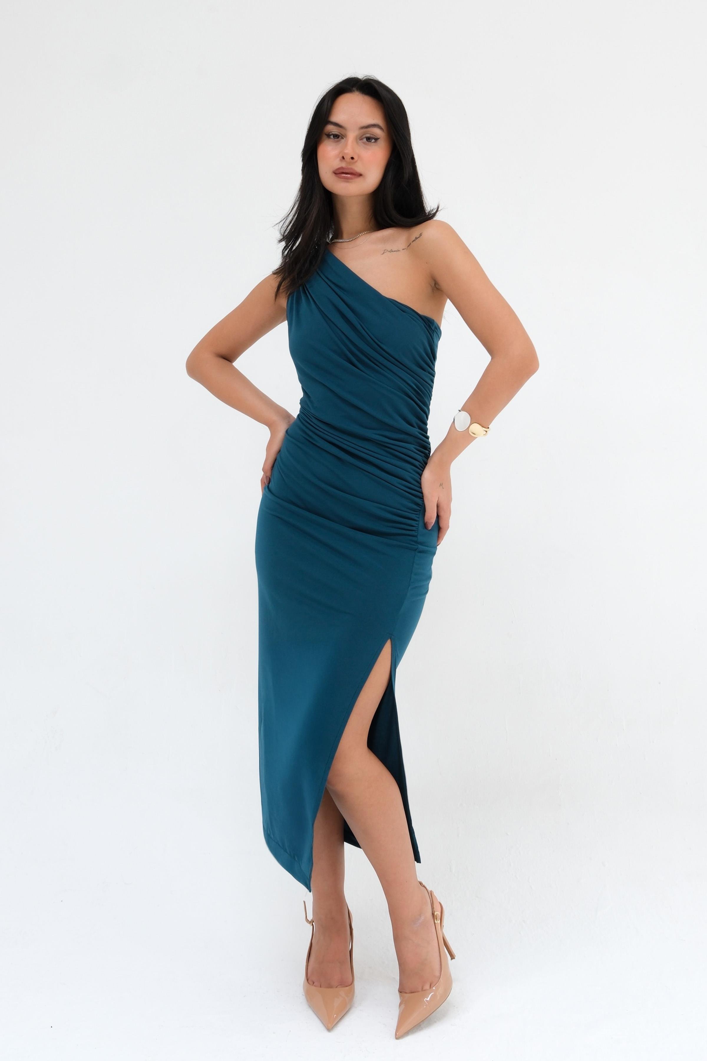 One-Shoulder Draped Sandy Midi/Maxi Dress - Teal
