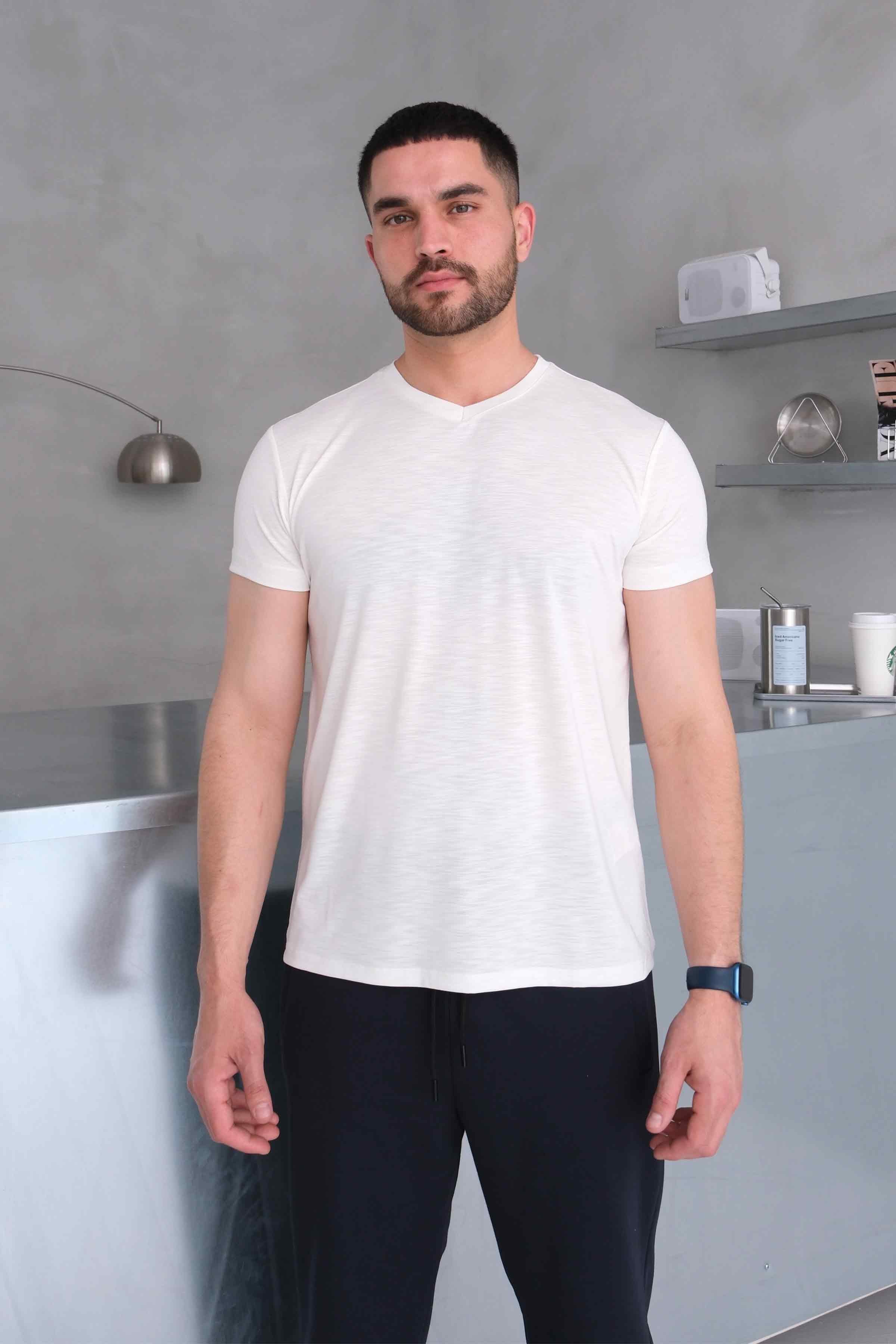 Men’s V-Neck Slub Modal-Cotton Regular Fit Basic T-Shirt - Ecru