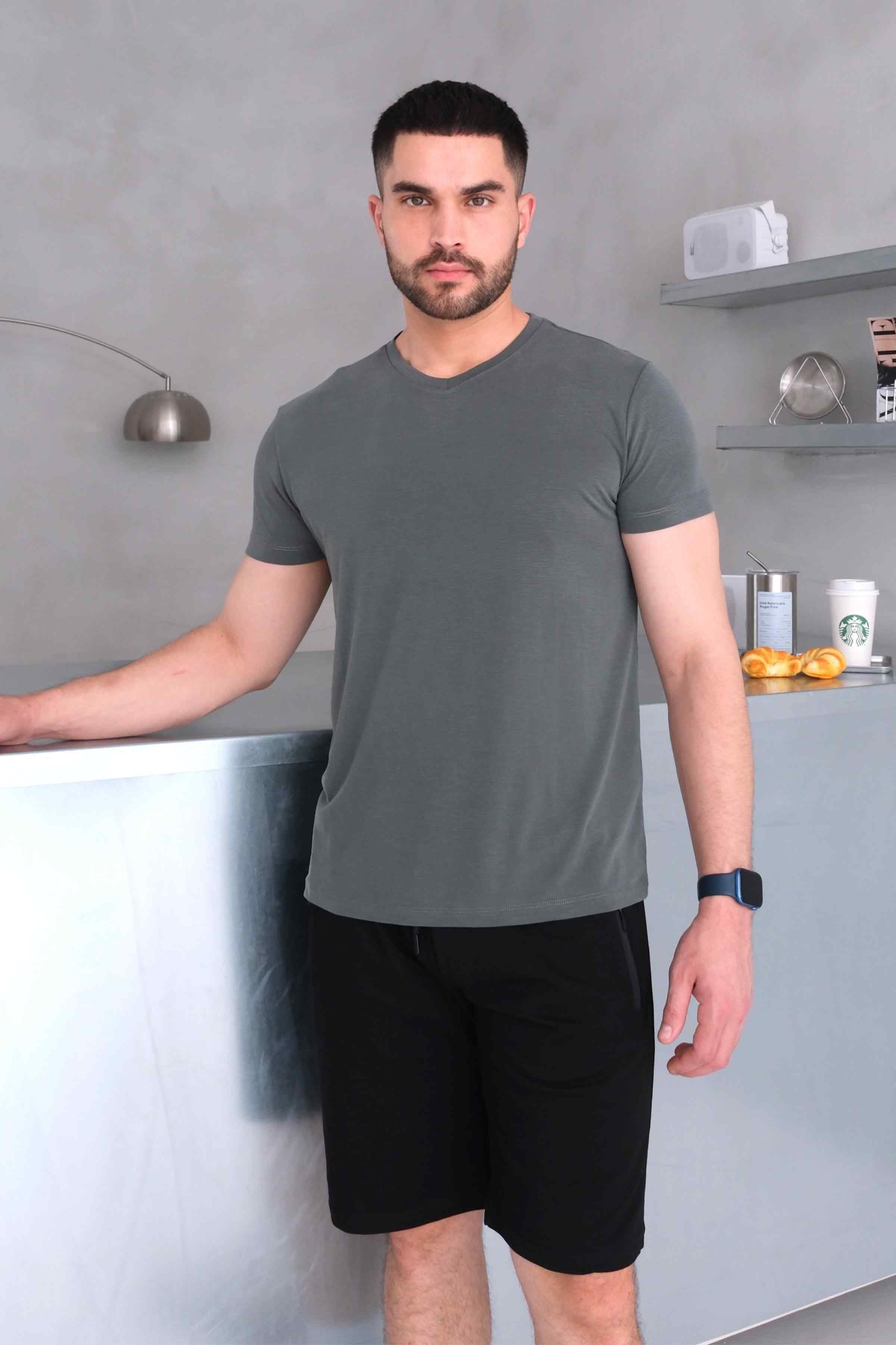 Men’s V-Neck Slub Modal-Cotton Regular Fit Basic T-Shirt - Khaki