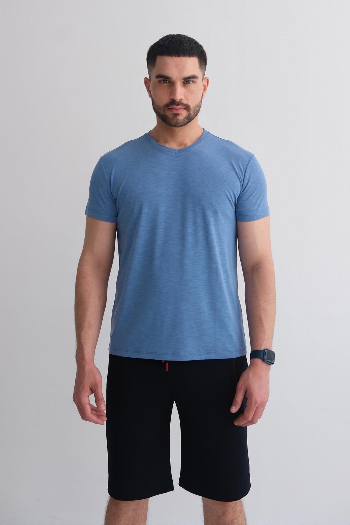 Men’s V-Neck Slub Modal-Cotton Regular Fit Basic T-Shirt - Indigo