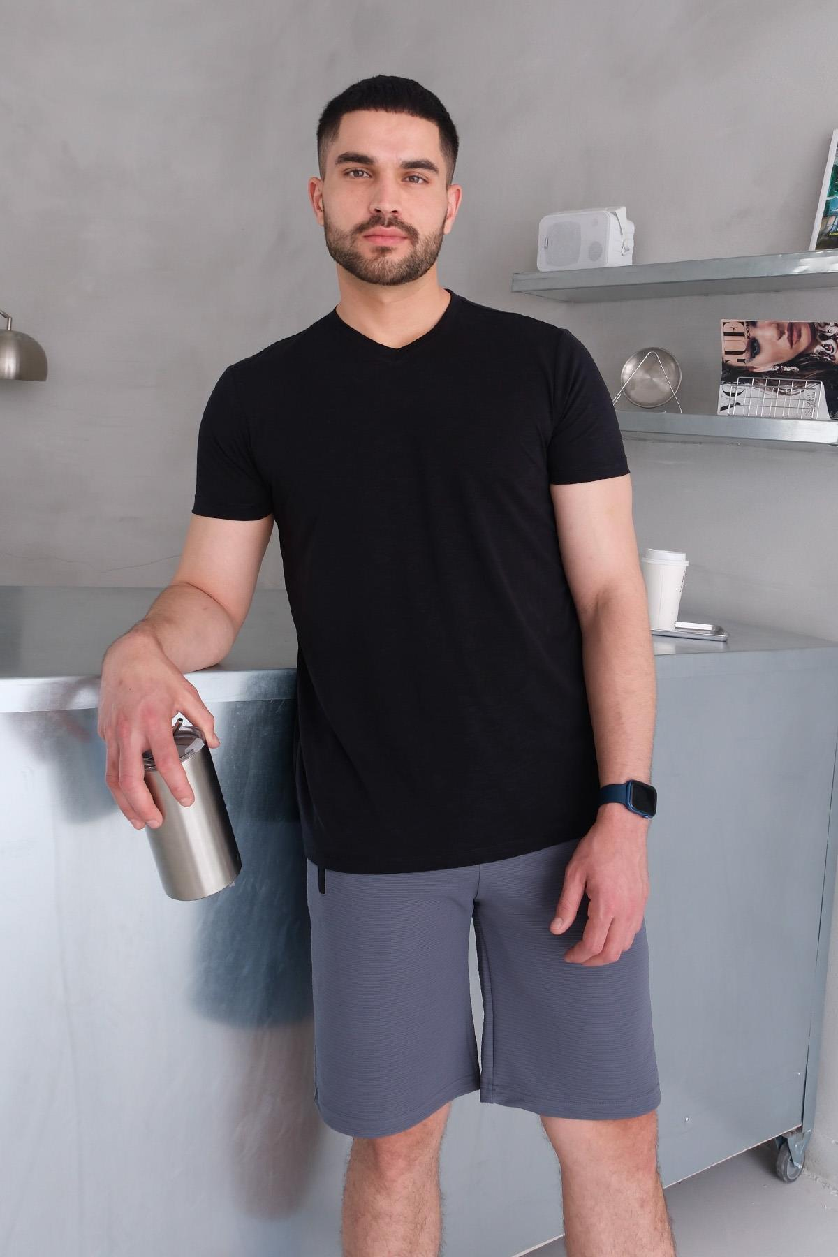 Men’s V-Neck Slub Modal-Cotton Regular Fit Basic T-Shirt - Black