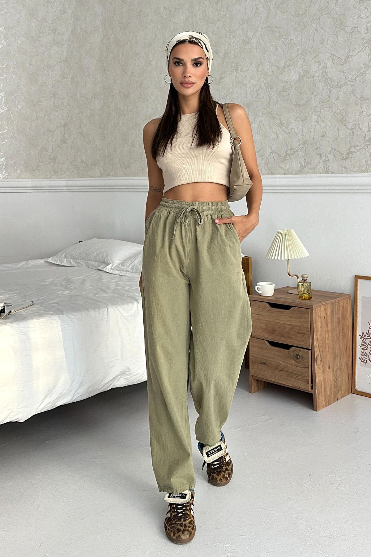 Women’s High-Waist Drawstring 100% Cotton Relax Fit Straight-Leg Pants – Light Green