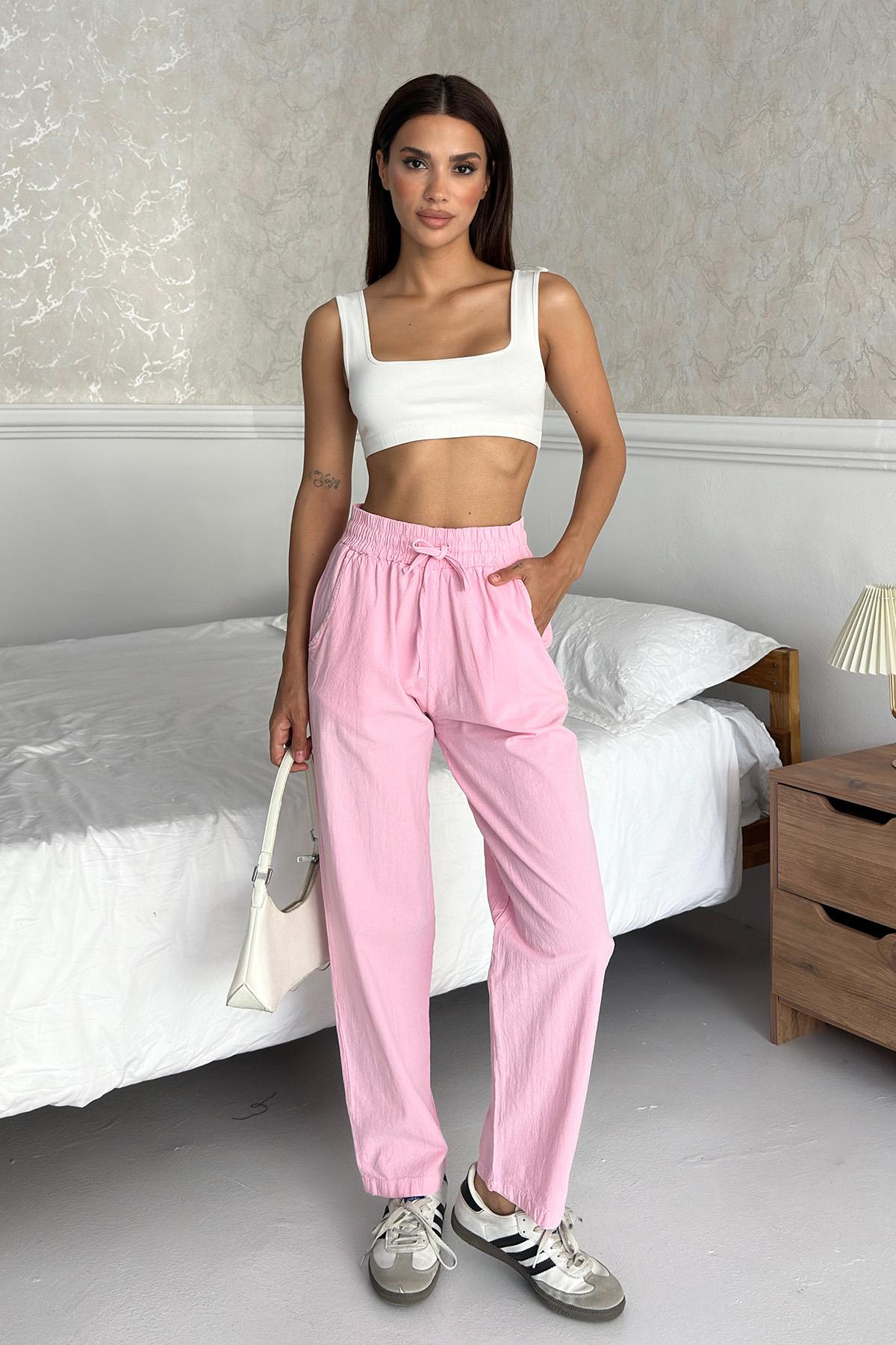 Women’s High-Waist Drawstring 100% Cotton Relax Fit Straight-Leg Pants – Pink